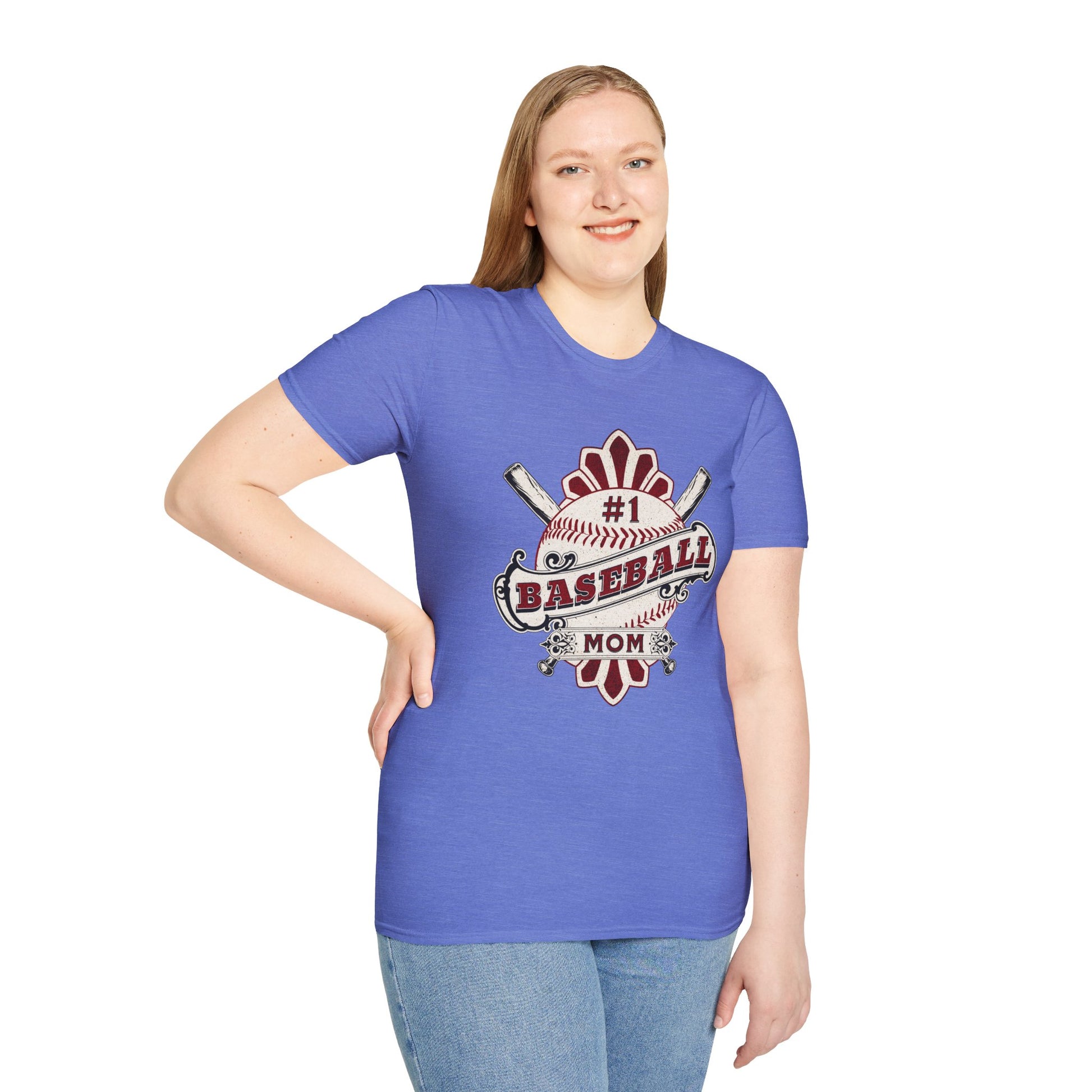 Woman wearing a blue t-shirt with a baseball mom graphic design on a white background