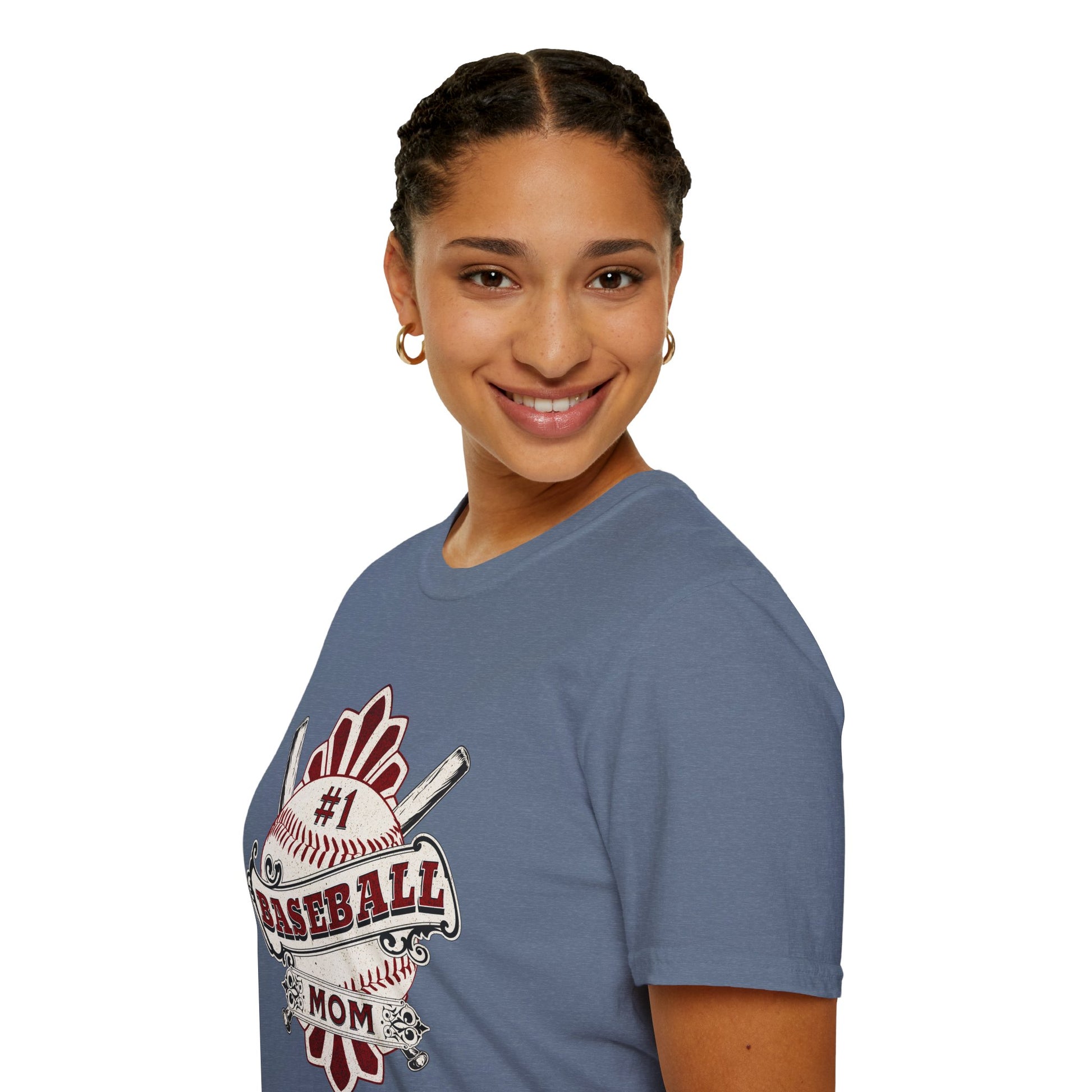 Person wearing a blue t-shirt with a baseball mom graphic on a white background