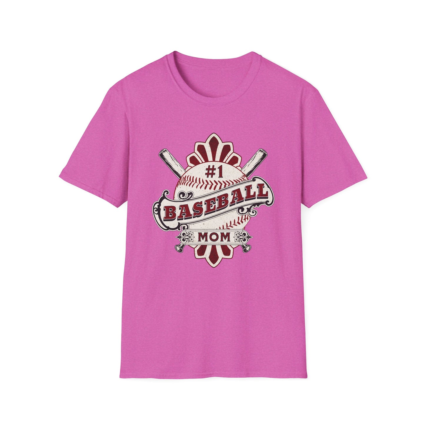 Pink t-shirt with '#1 Baseball Mom' graphic on a white background