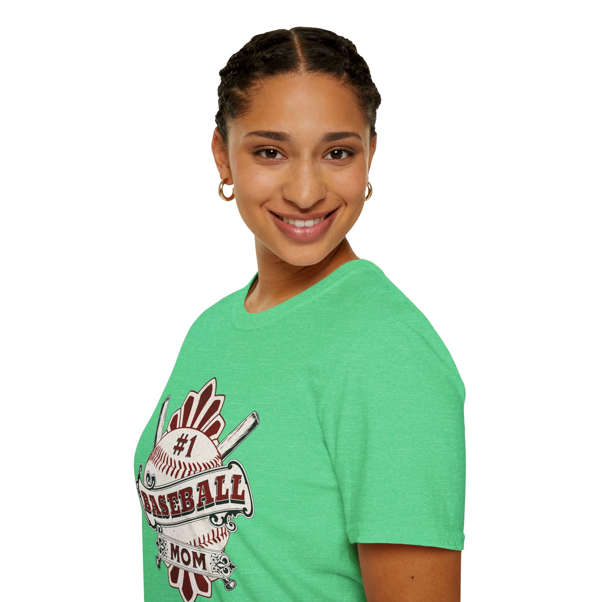 Person wearing a green t-shirt with a baseball mom graphic on a white background