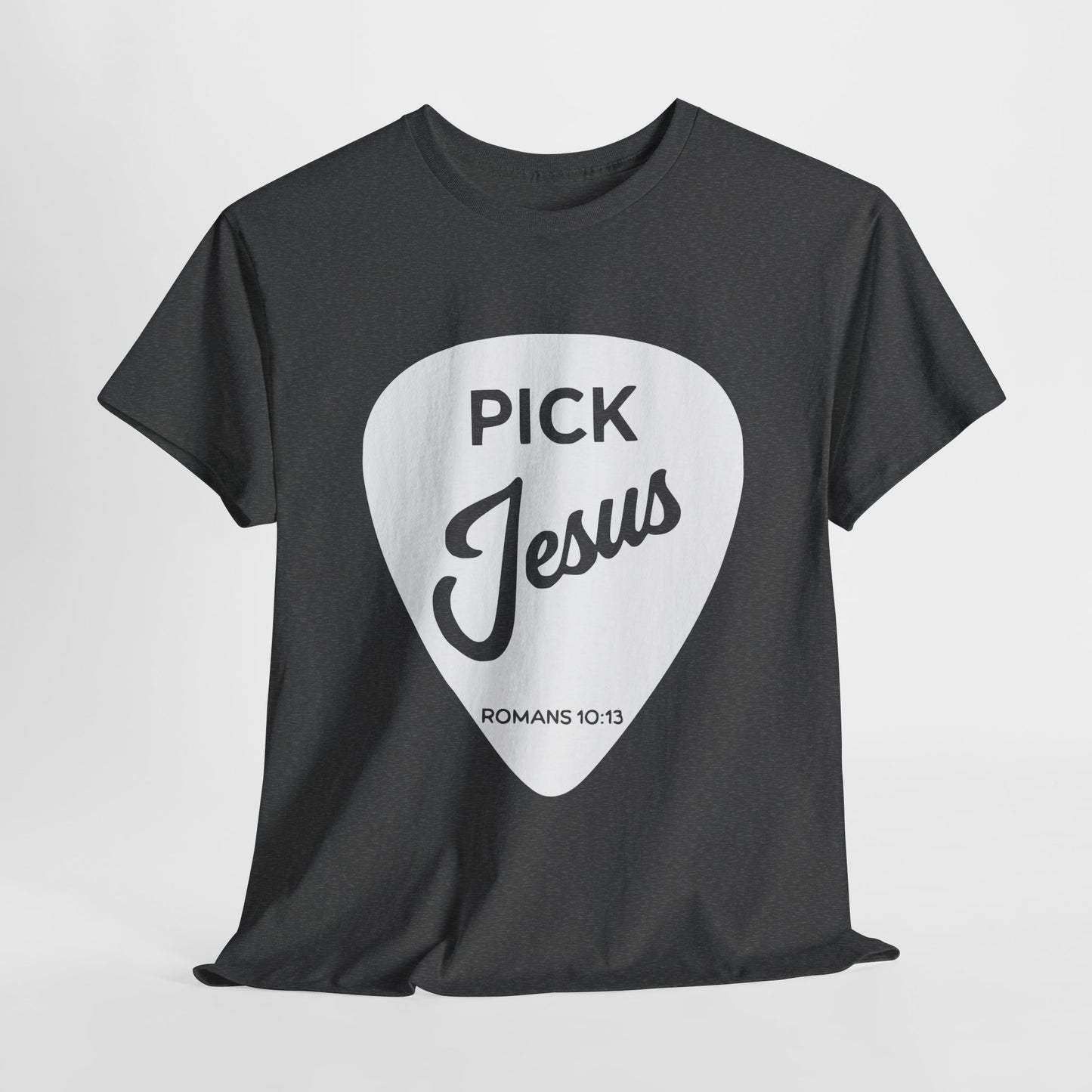 white guitar pick with Jesus message tee