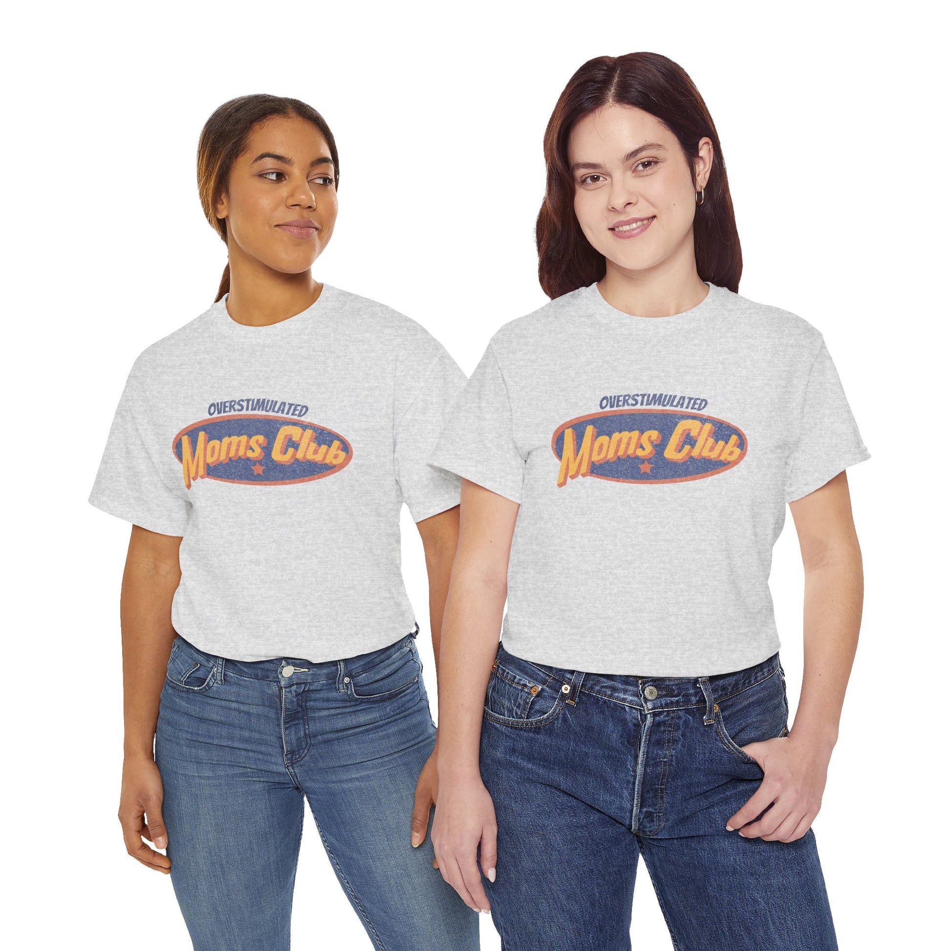 Two women wearing gray t-shirts with 'Oversizediated Moms Club' text on a white background