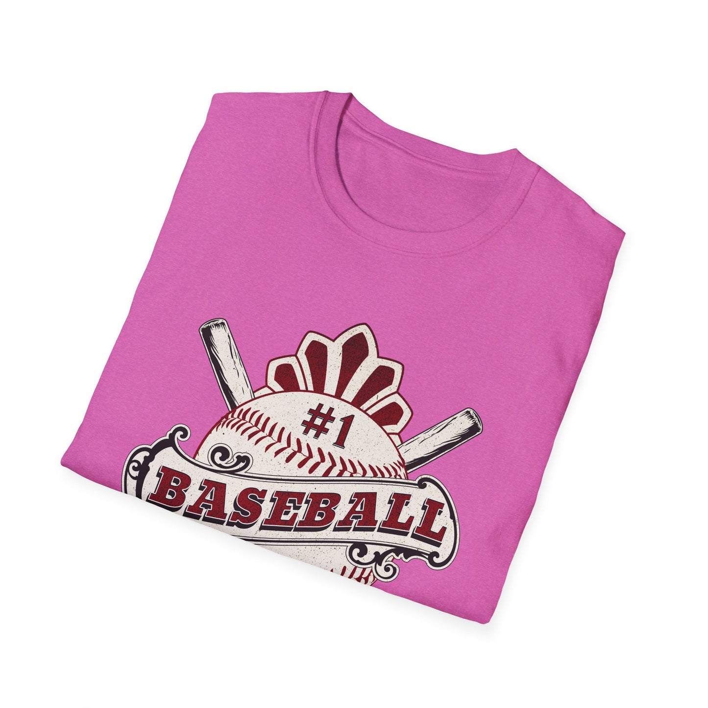 Pink t-shirt with baseball design on a white background