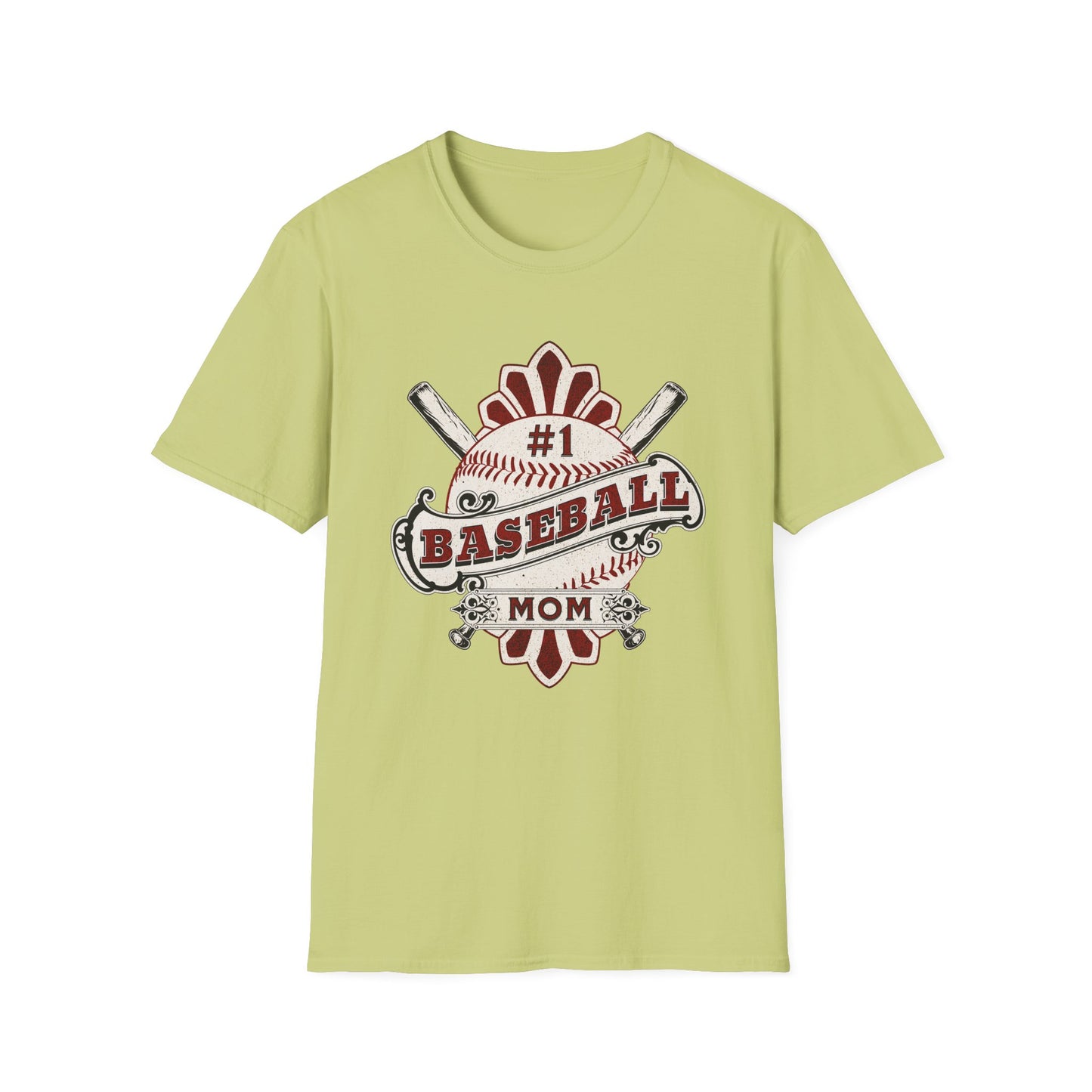 Light green t-shirt with '#1 Baseball Mom' graphic on a white background