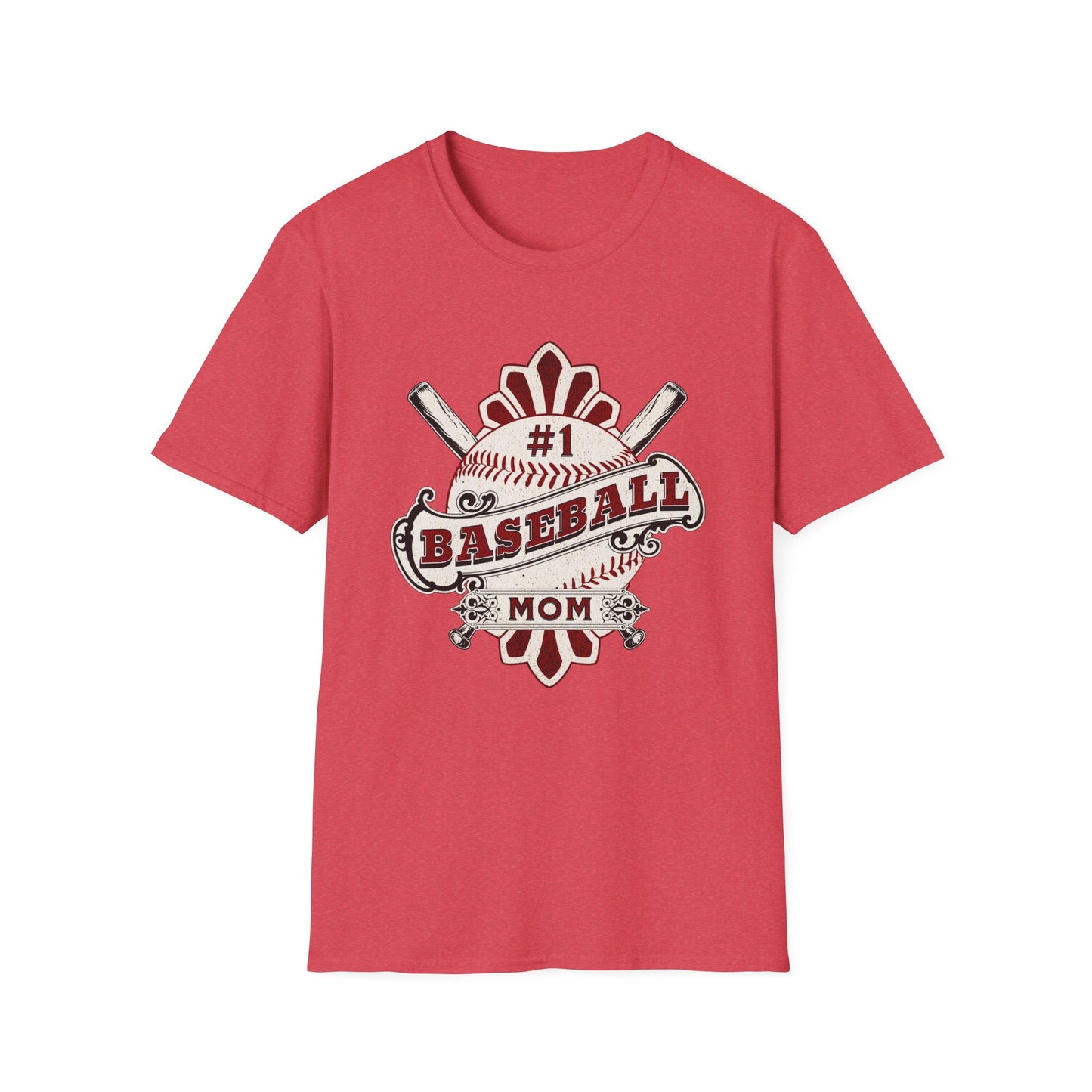 Red t-shirt with '#1 Baseball Mom' graphic on a white background