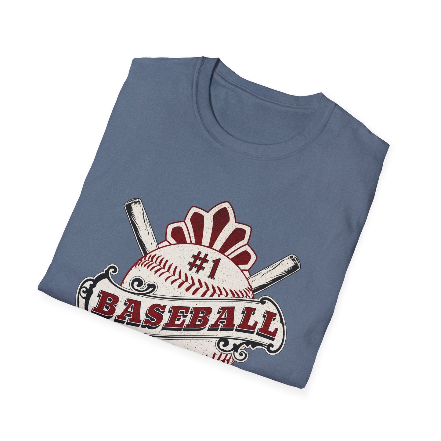 Folded blue t-shirt with baseball-themed graphic on a white background