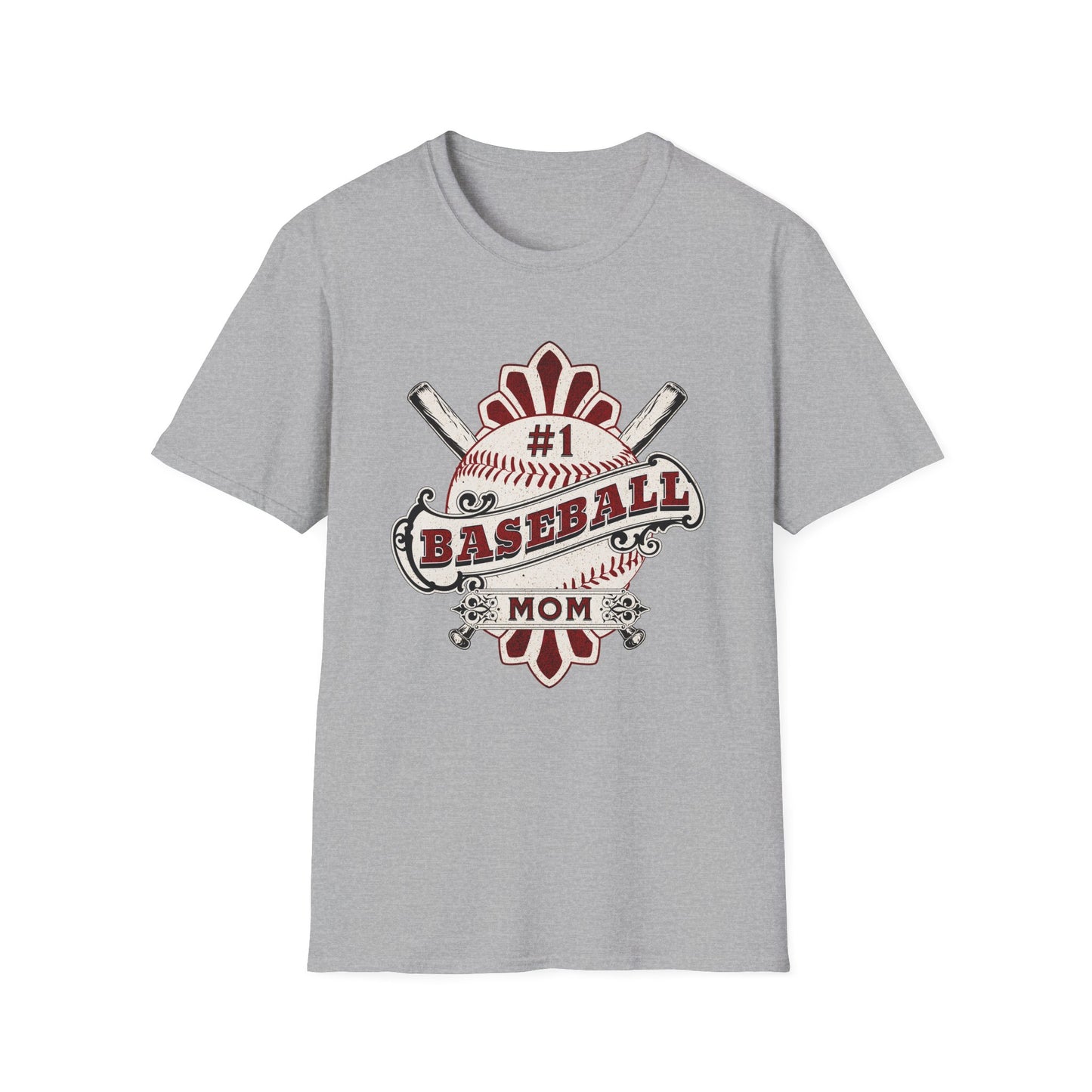 Gray t-shirt with '#1 Baseball Mom' graphic design on a white background