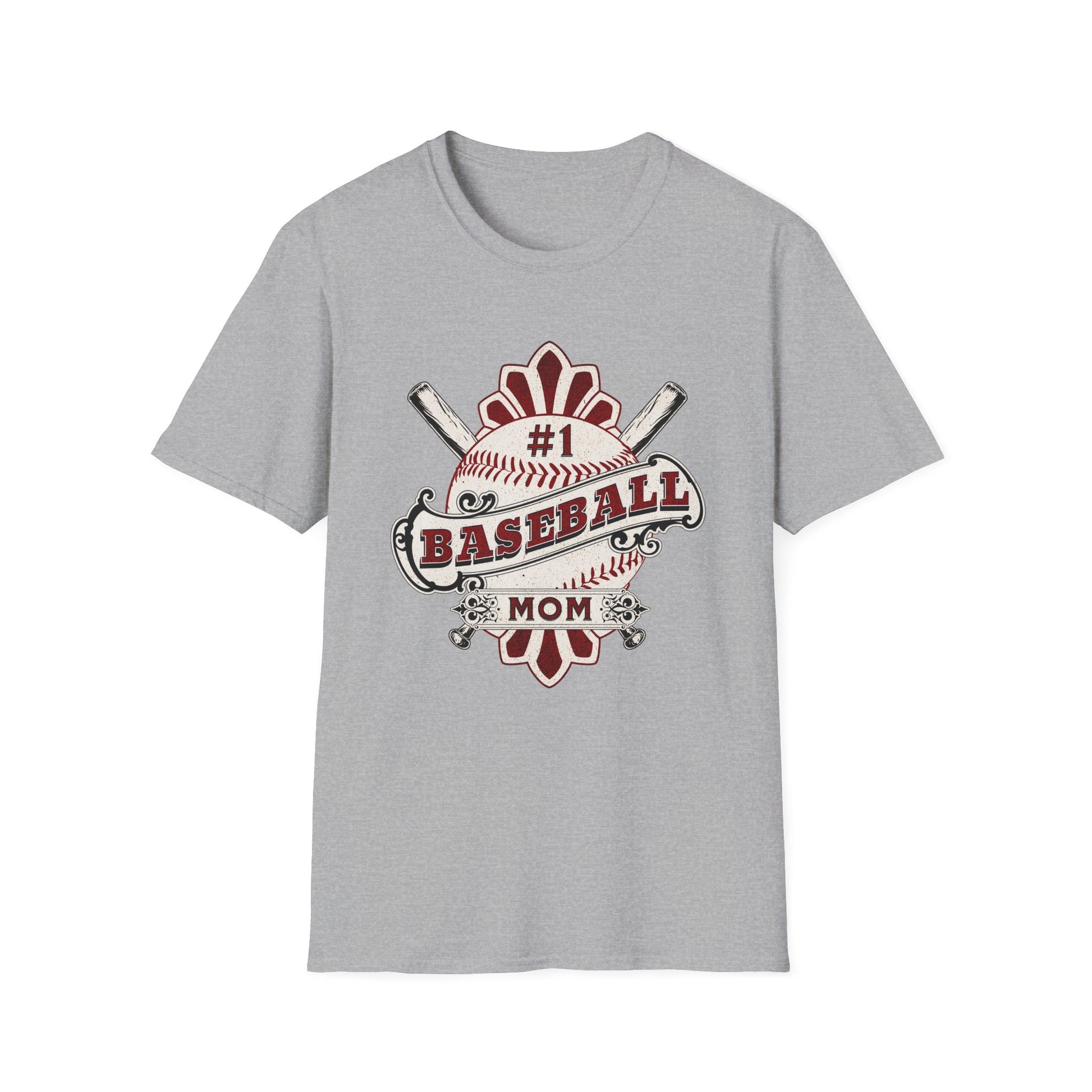 Gray t-shirt with '#1 Baseball Mom' graphic design on a white background
