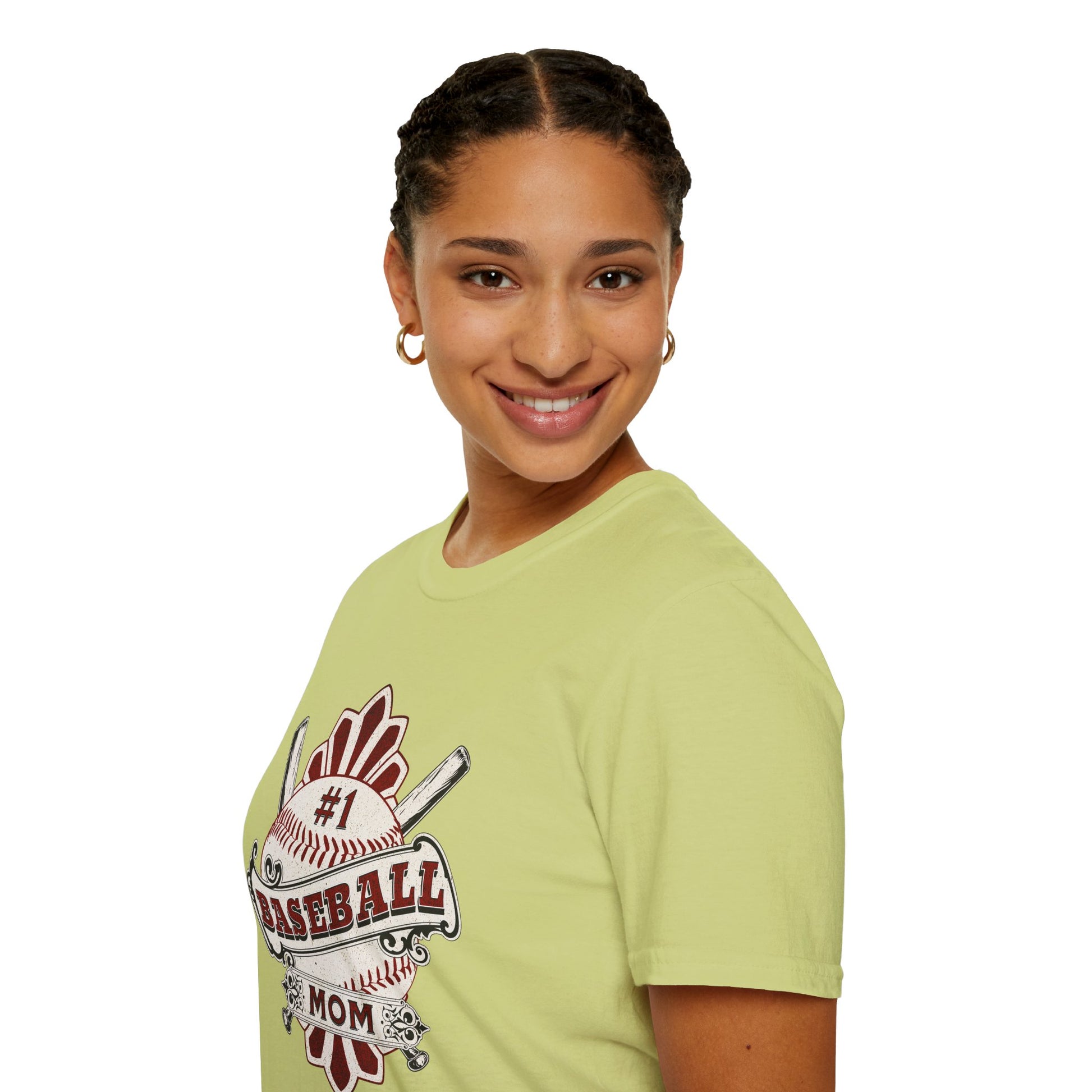 Person wearing a light green t-shirt with a baseball mom graphic on a white background