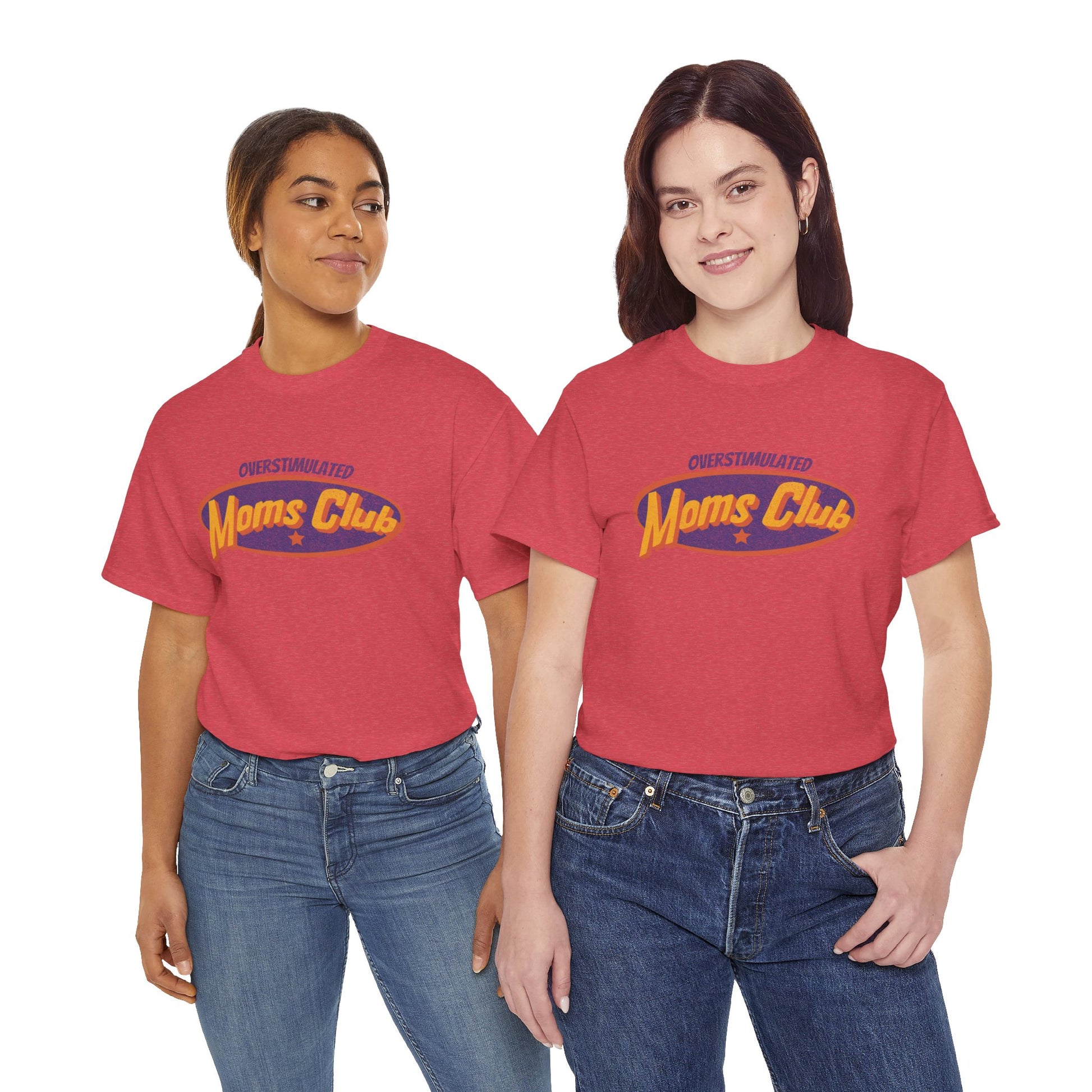 Two women wearing red t-shirts with 'Customized Moms Club' text on a white background