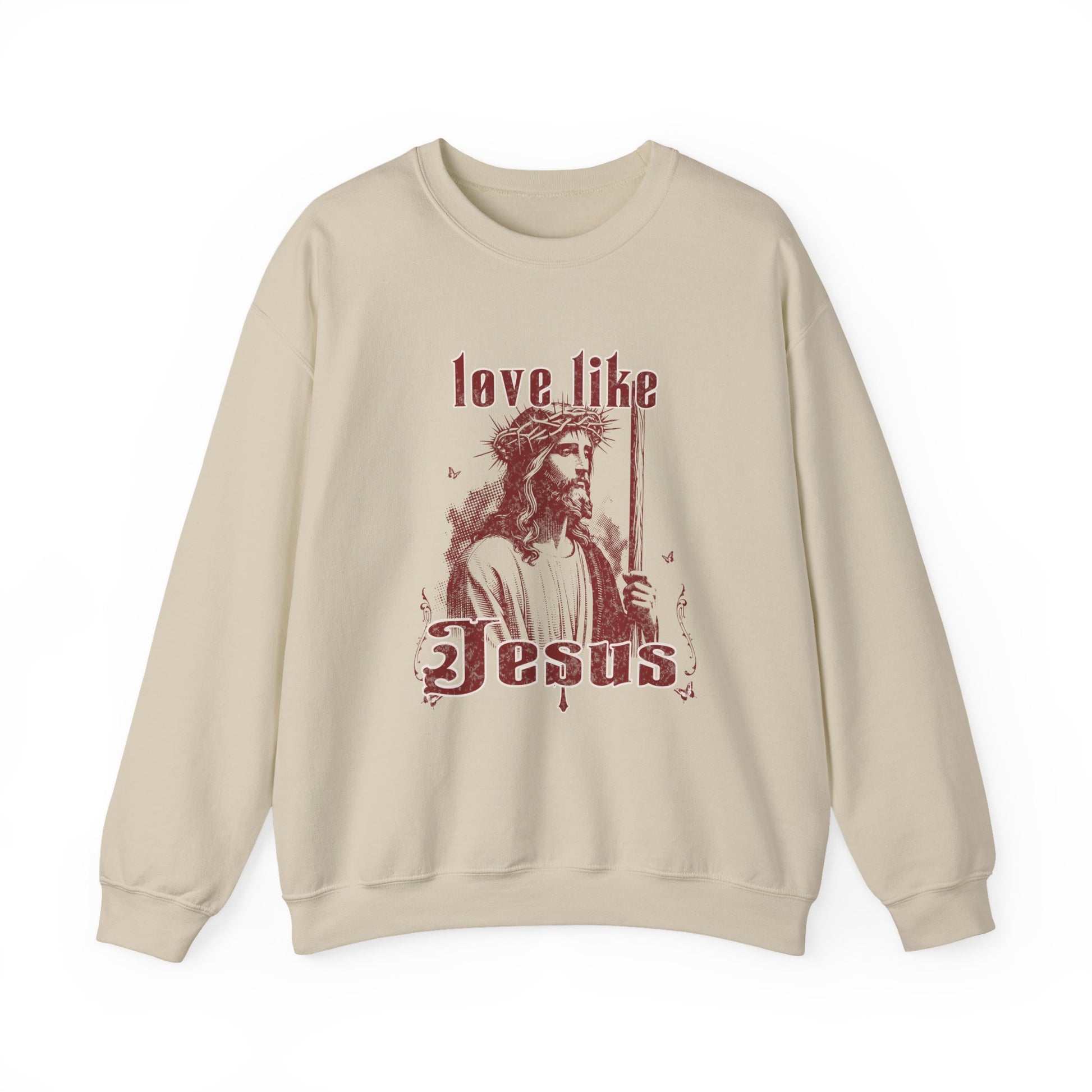 Beige sweatshirt with a graphic of a person holding a sword and text 'love like Jesus' on a white background