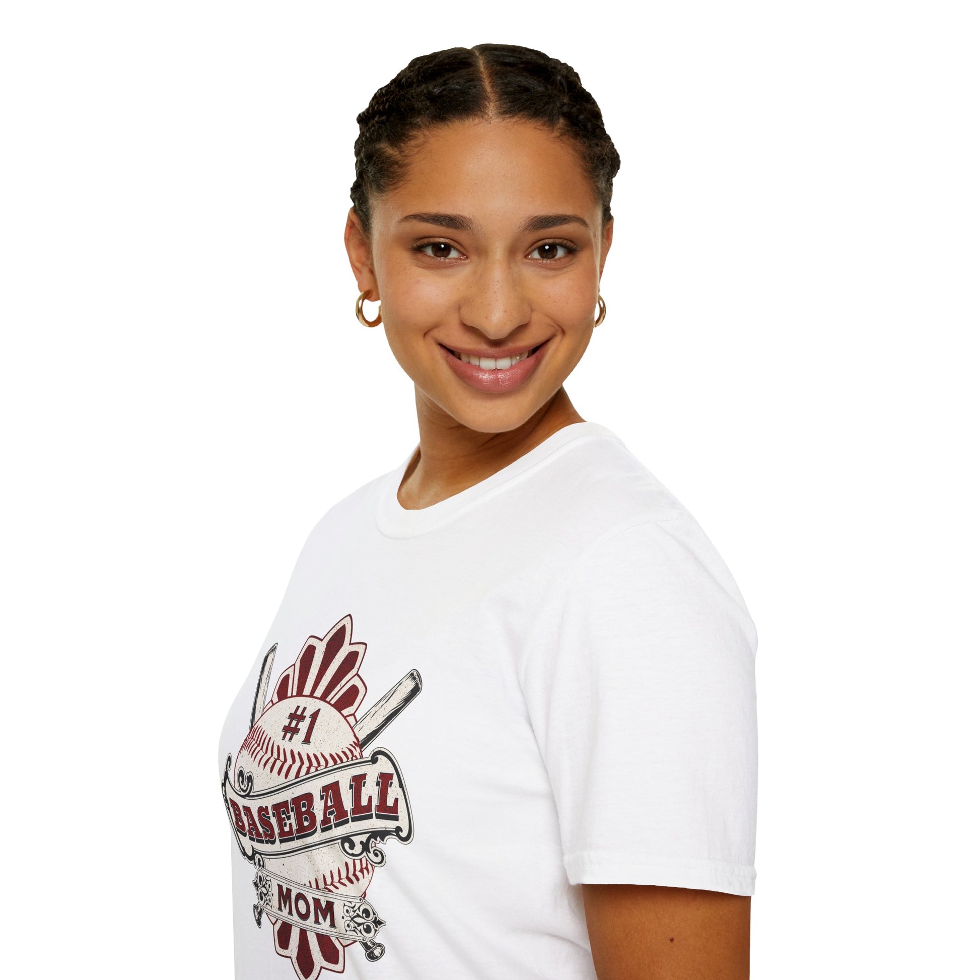 Person wearing a white t-shirt with a baseball mom graphic design on a white background