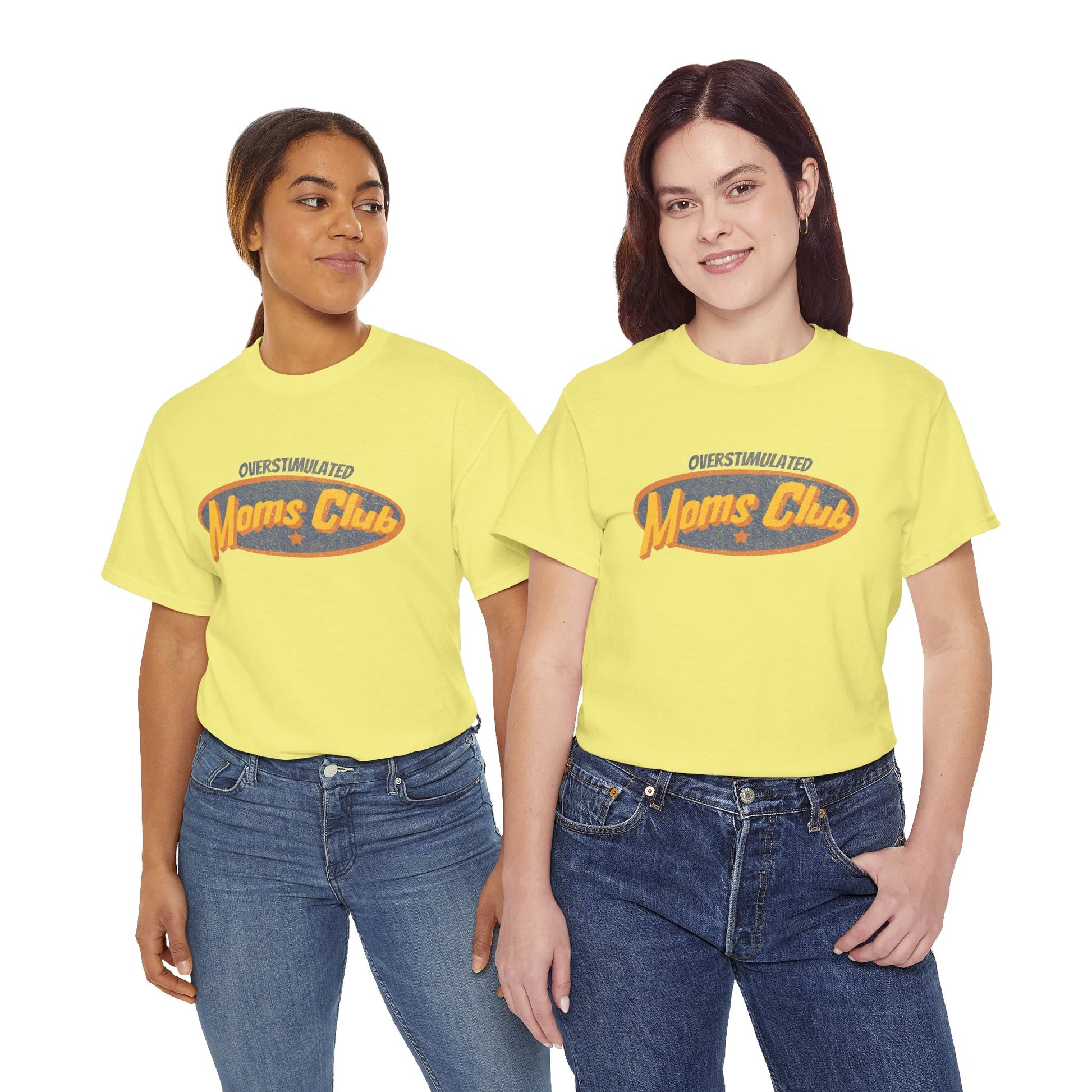 Two women wearing yellow t-shirts with 'Moms Club' text on a white background