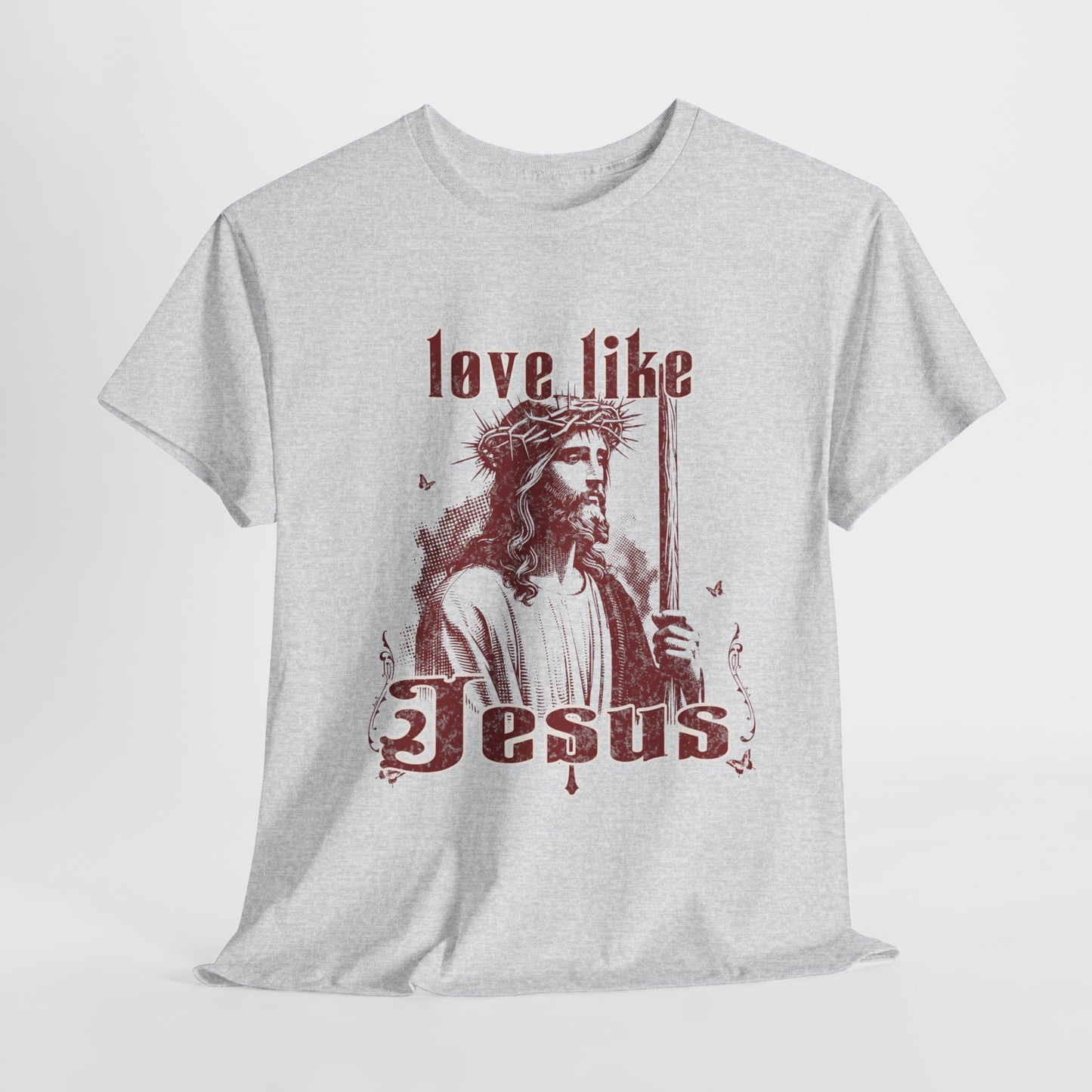 Gray t-shirt with a graphic of Jesus and 'love like Jesus' text on a white background