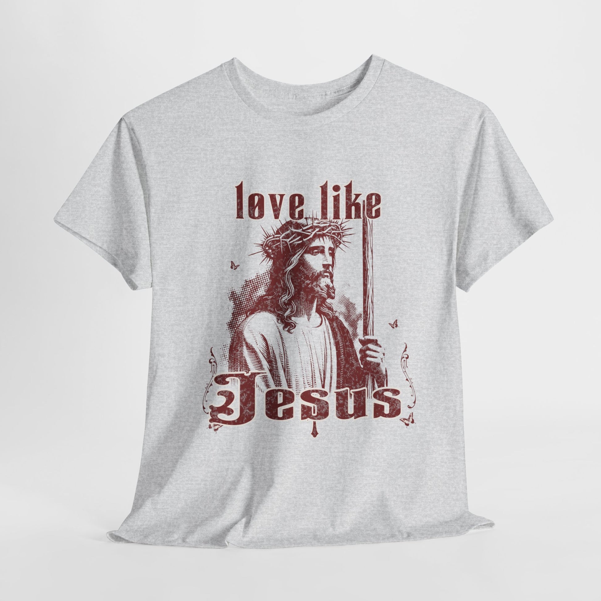 Gray t-shirt with a graphic of Jesus and 'love like Jesus' text on a white background