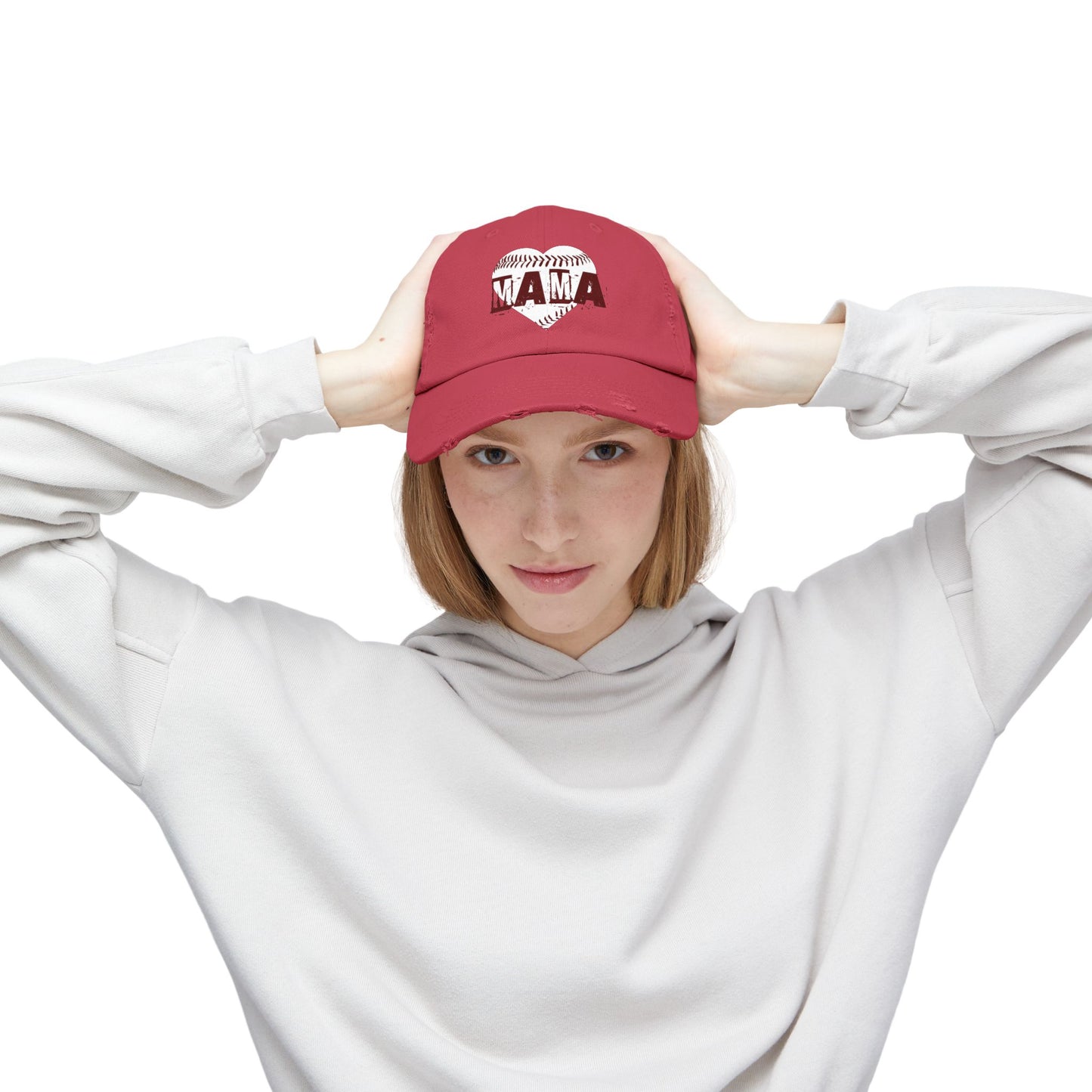 Person wearing a red cap with a logo on a white background