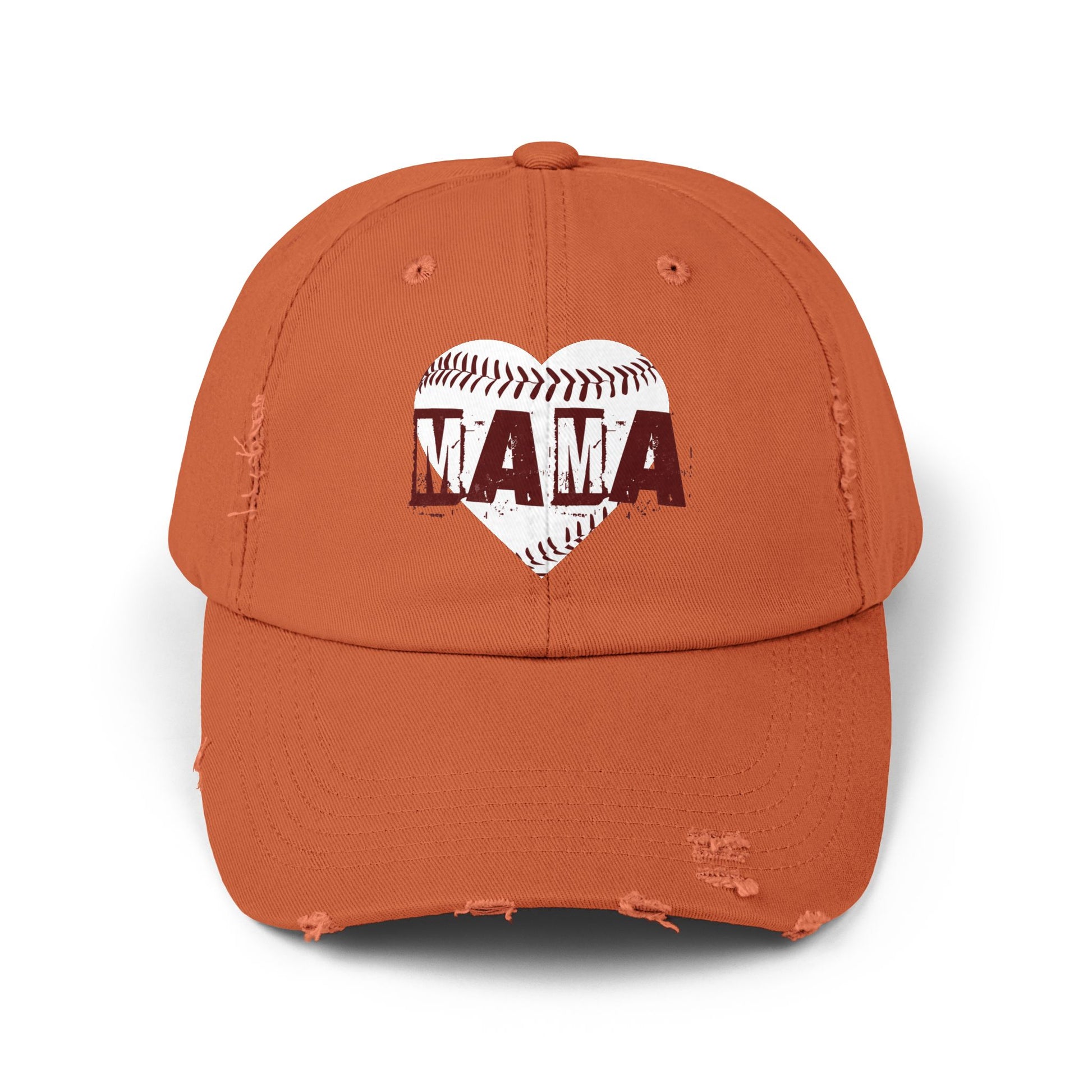 Orange cap with a heart-shaped design featuring the word 'MAMA' on a white background