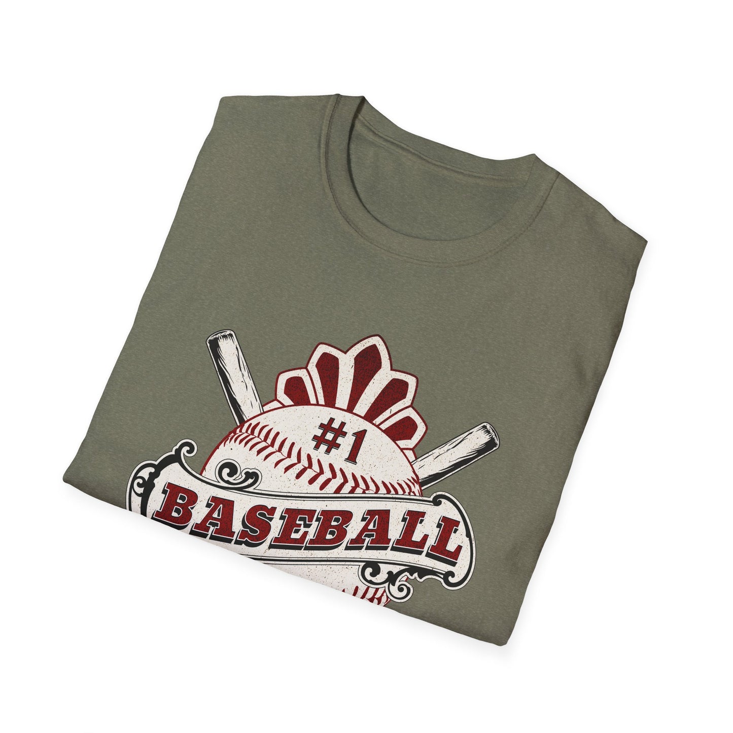 Folded t-shirt with baseball design on a white background