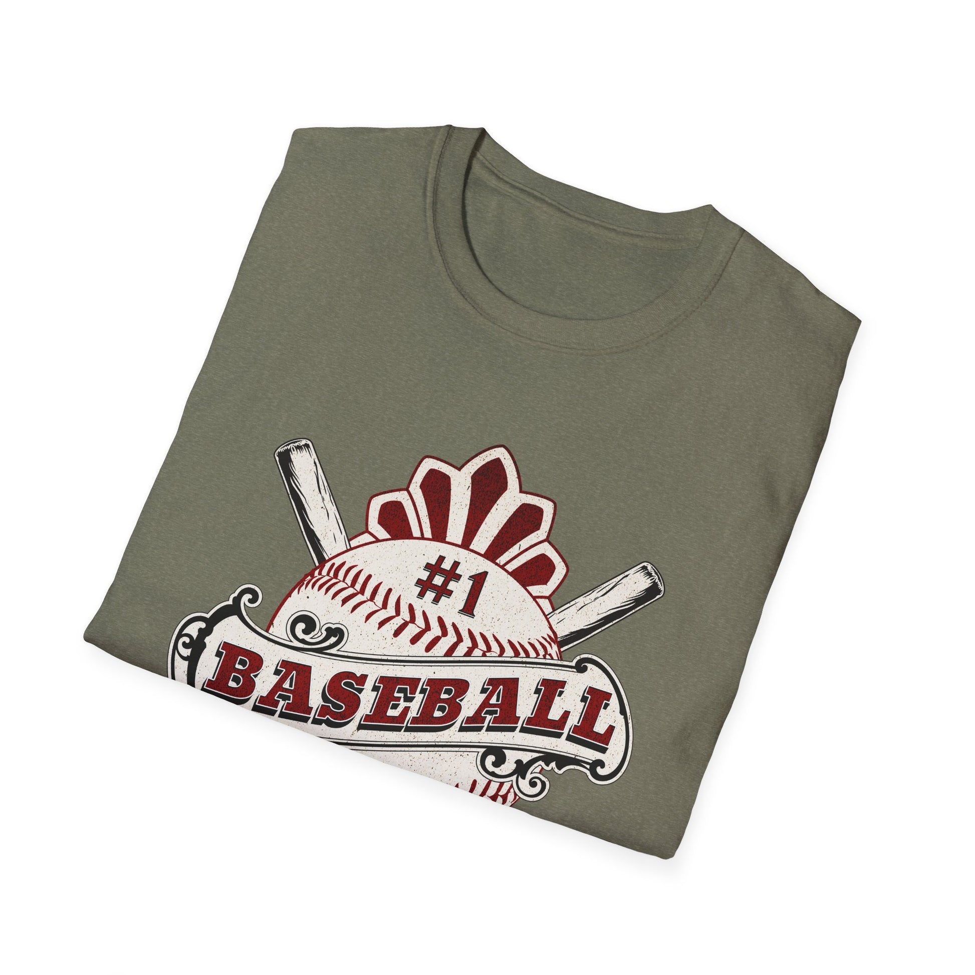 Folded t-shirt with baseball design on a white background