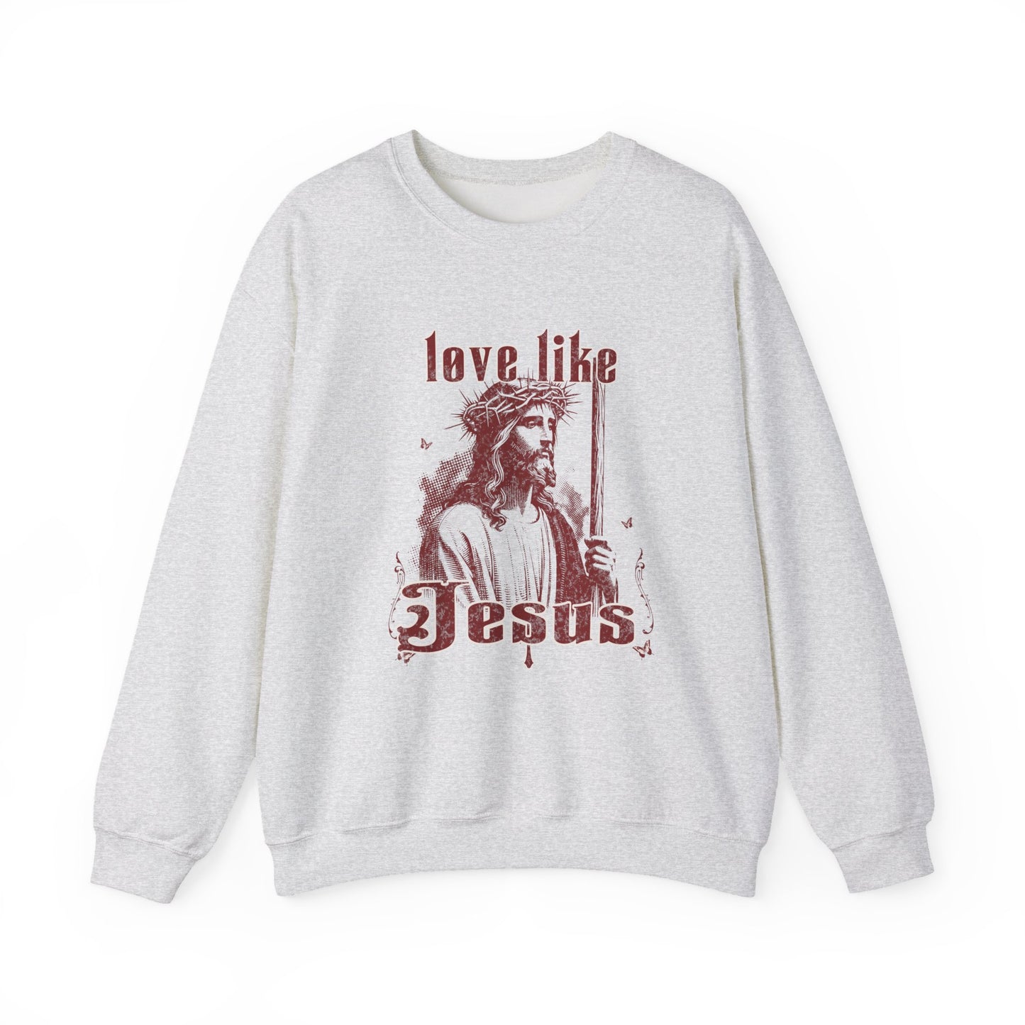 Gray sweatshirt with a graphic of Jesus and text 'love like Jesus' on a white background