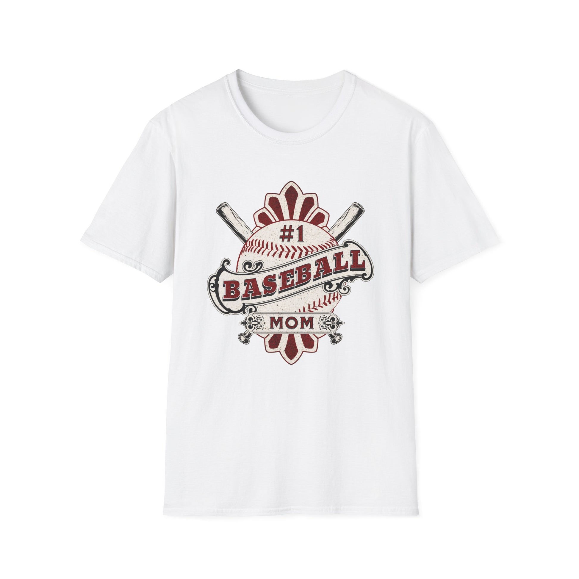 White t-shirt with '#1 Baseball Mom' graphic design on a white background