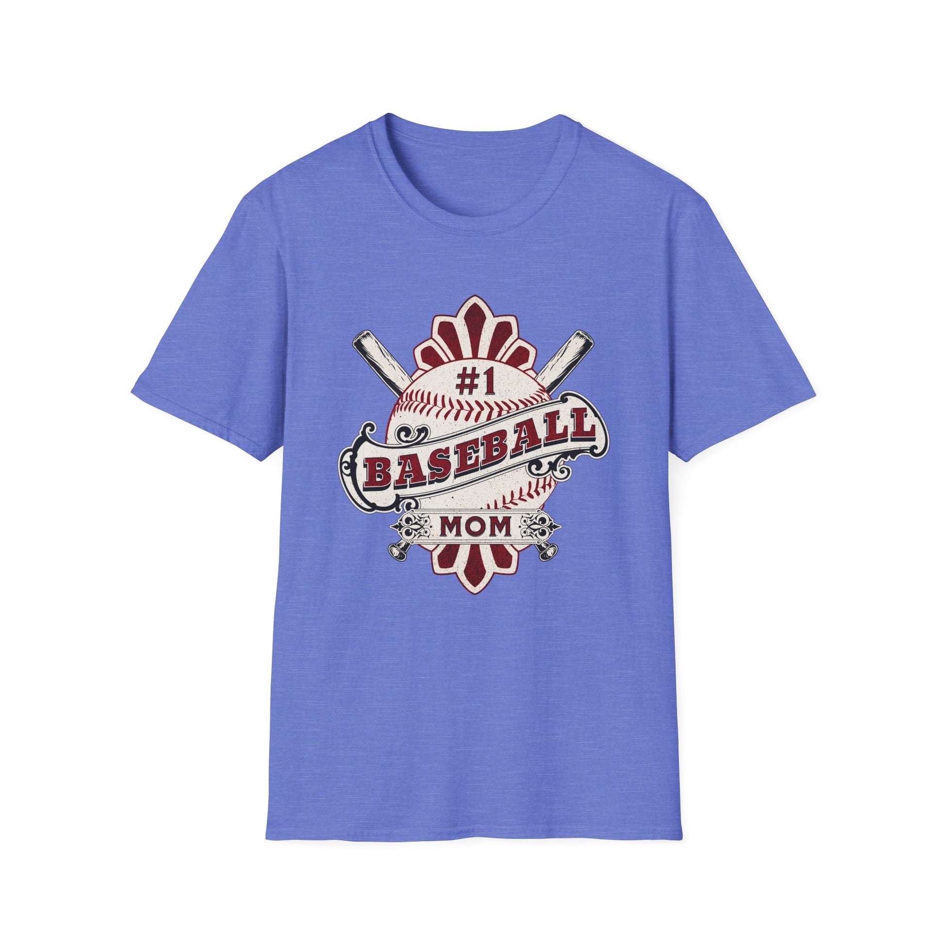 Blue t-shirt with '#1 Baseball Mom' graphic on a white background