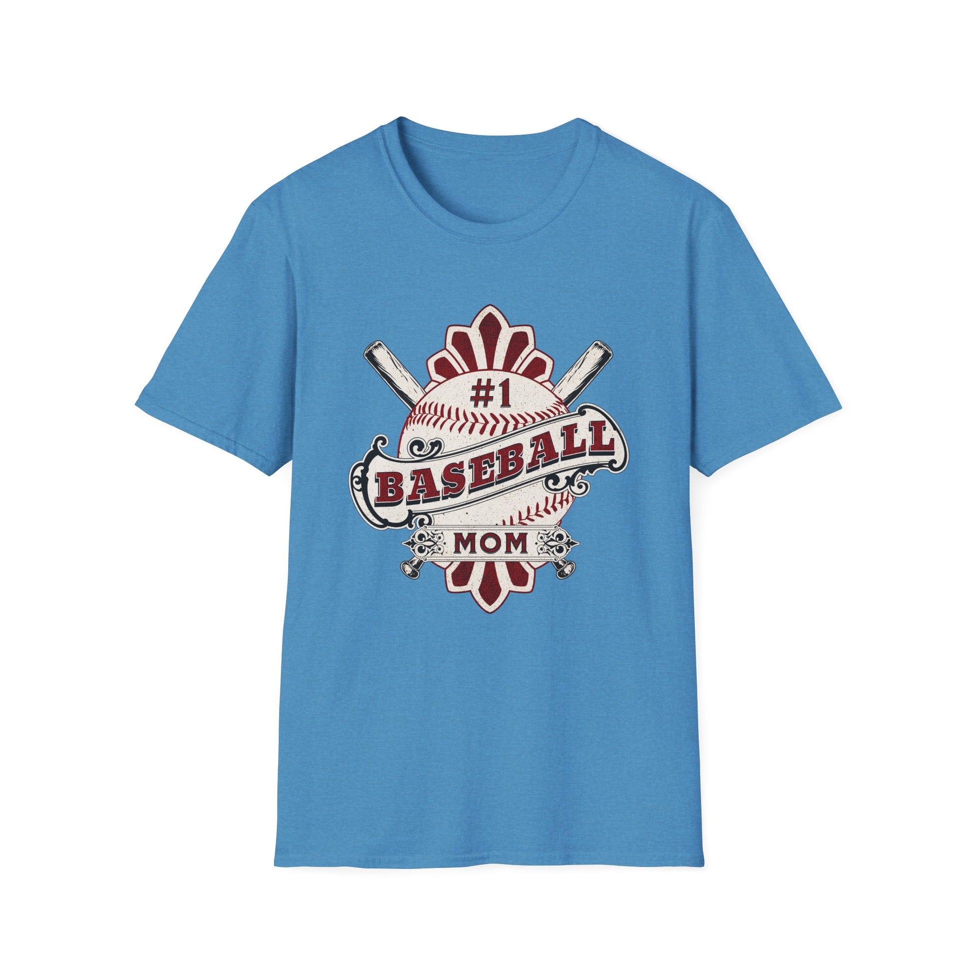 Blue t-shirt with '#1 Baseball Mom' graphic on a white background