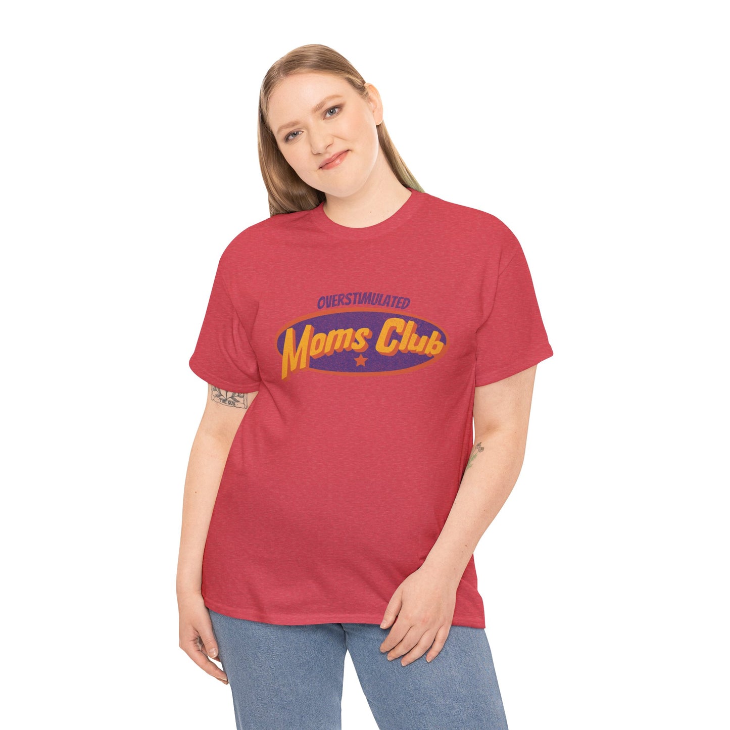 Person wearing a red t-shirt with 'Moms Club' text on a white background