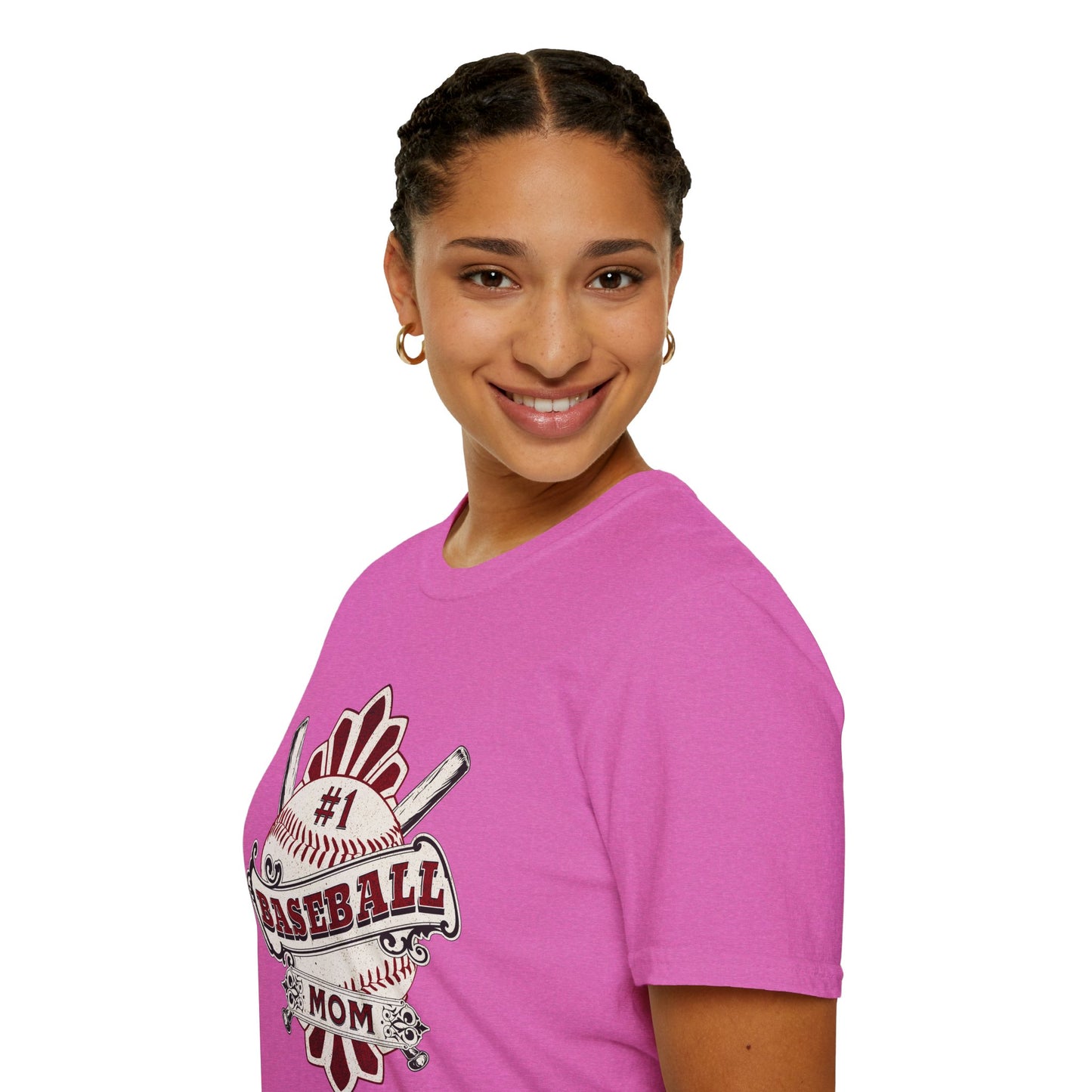 Person wearing a pink t-shirt with a baseball mom graphic on a white background