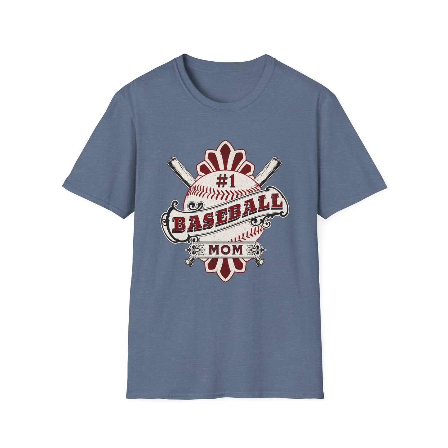 Blue t-shirt with '#1 Baseball Mom' graphic on a white background