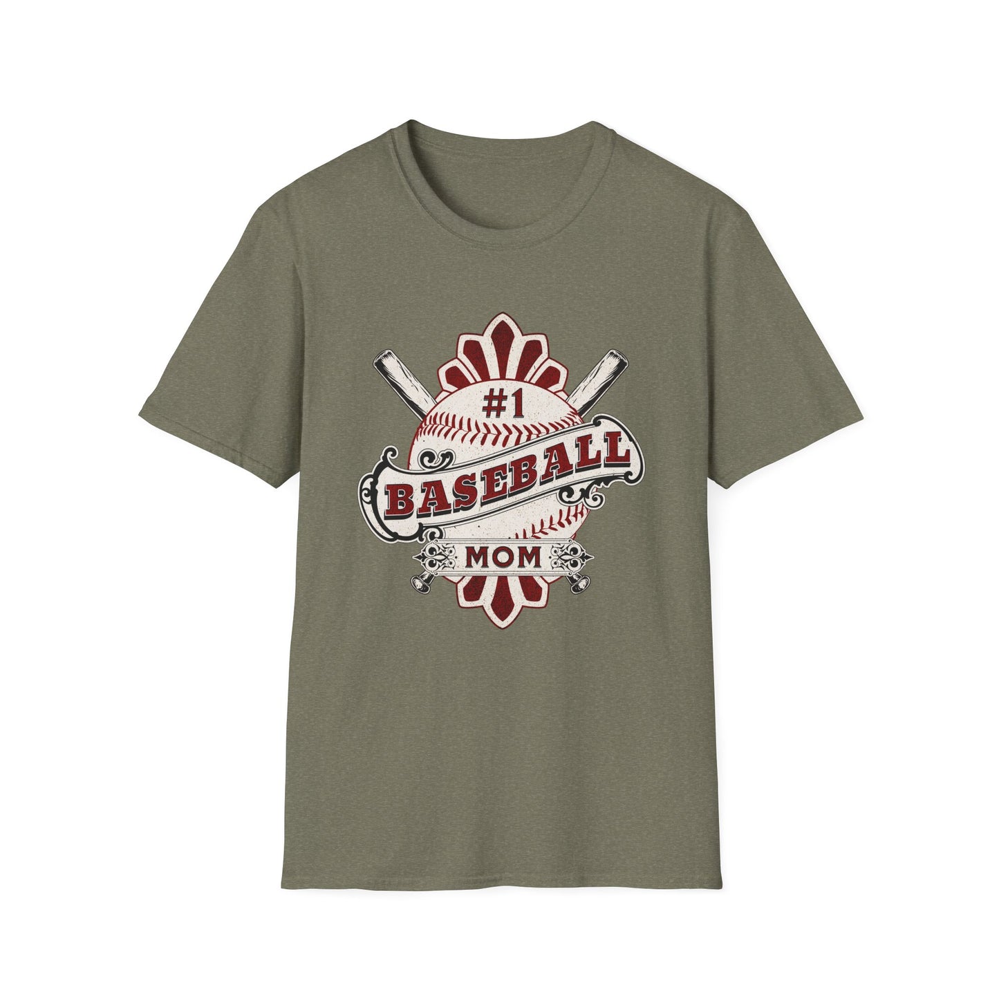 Green t-shirt with '#1 Baseball Mom' graphic on a white background