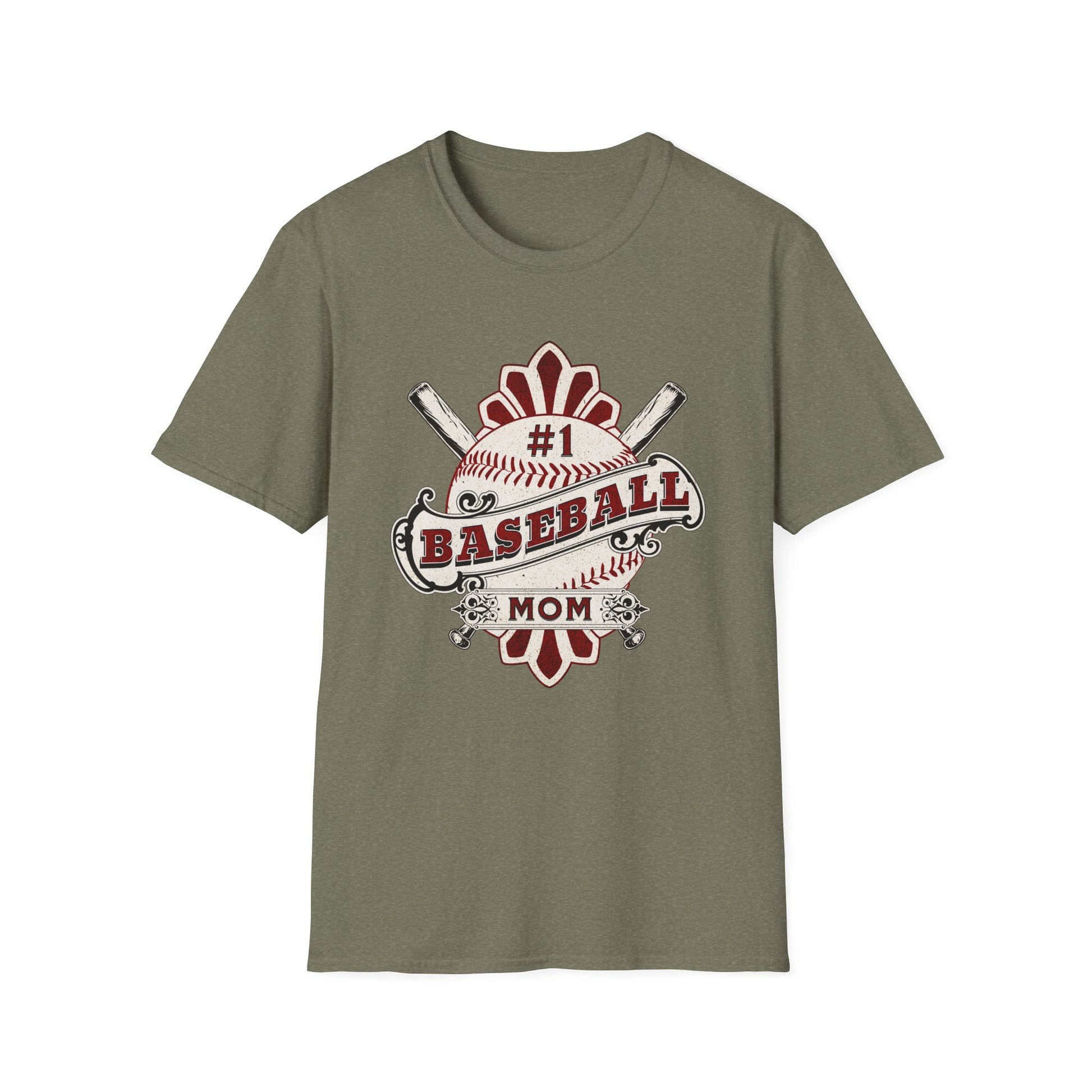 Green t-shirt with '#1 Baseball Mom' graphic on a white background
