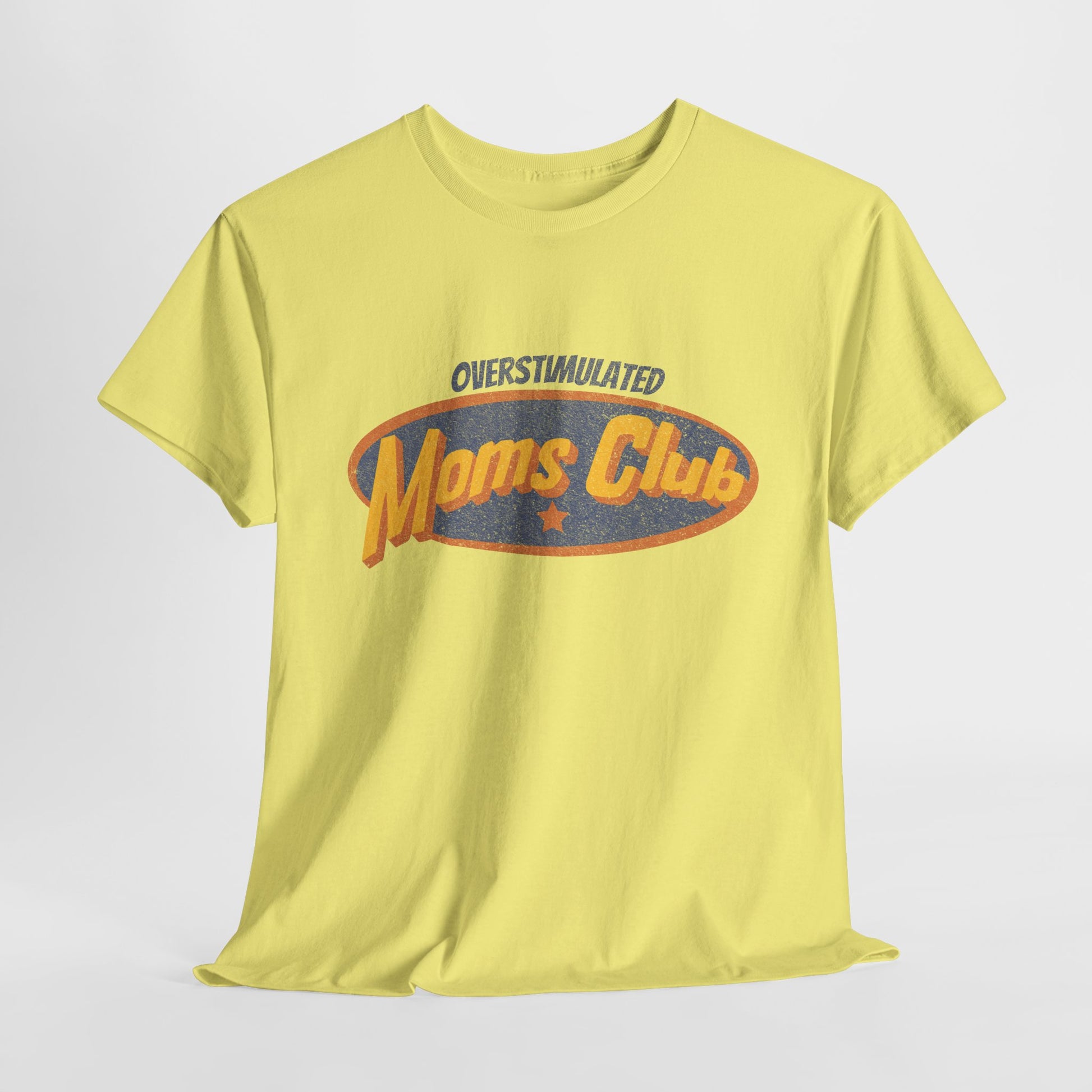 Yellow t-shirt with 'Overstimulated Moms Club' text on a light gray background