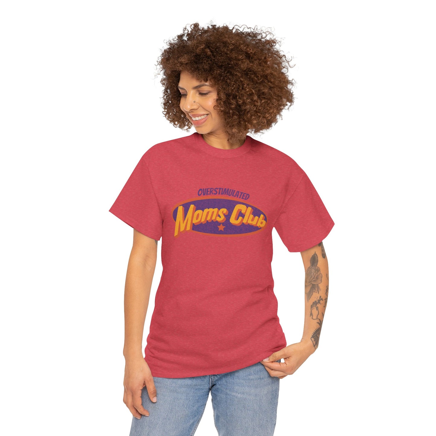 Woman wearing a red t-shirt with 'Moms Club' text on a white background