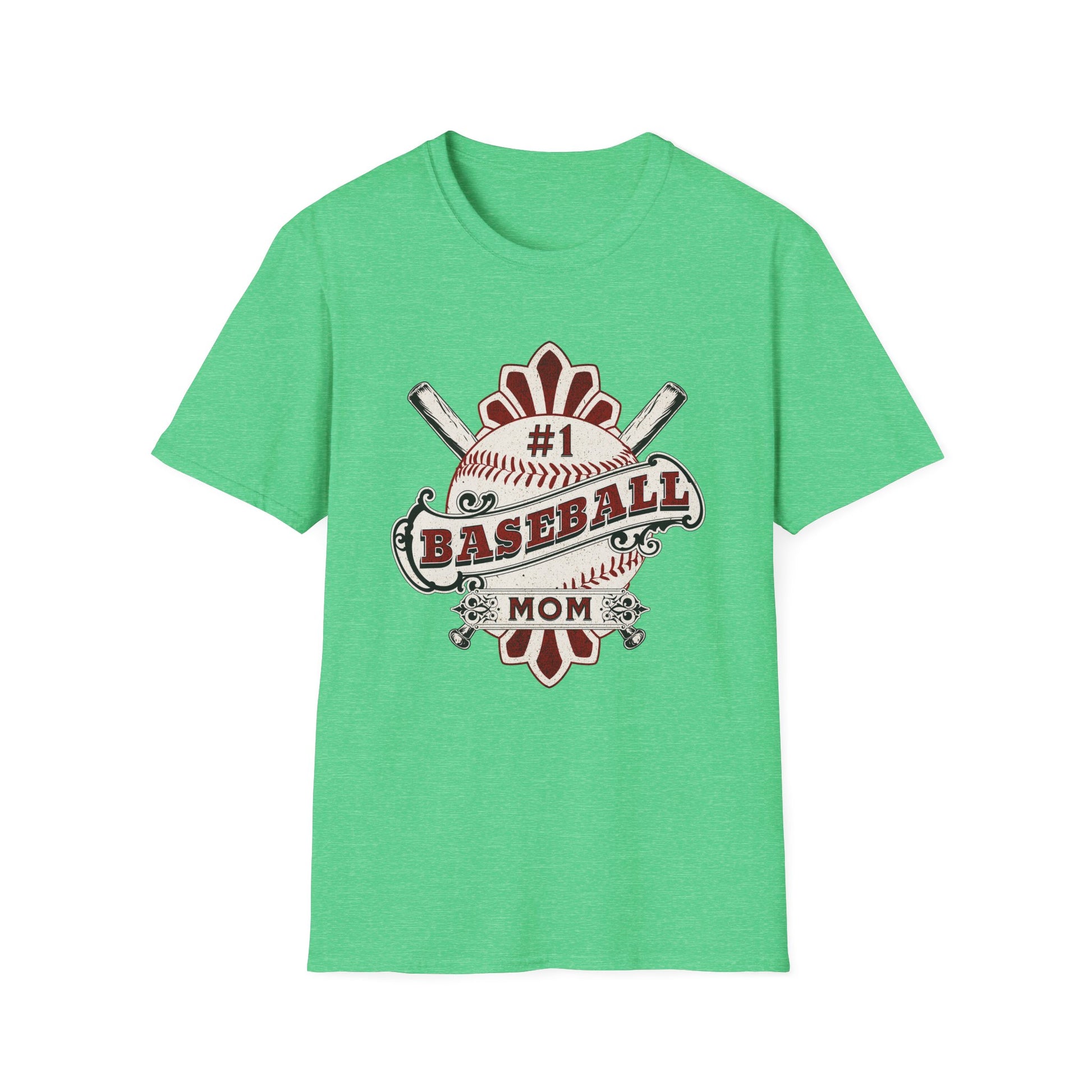Green t-shirt with '#1 Baseball Mom' graphic on a white background