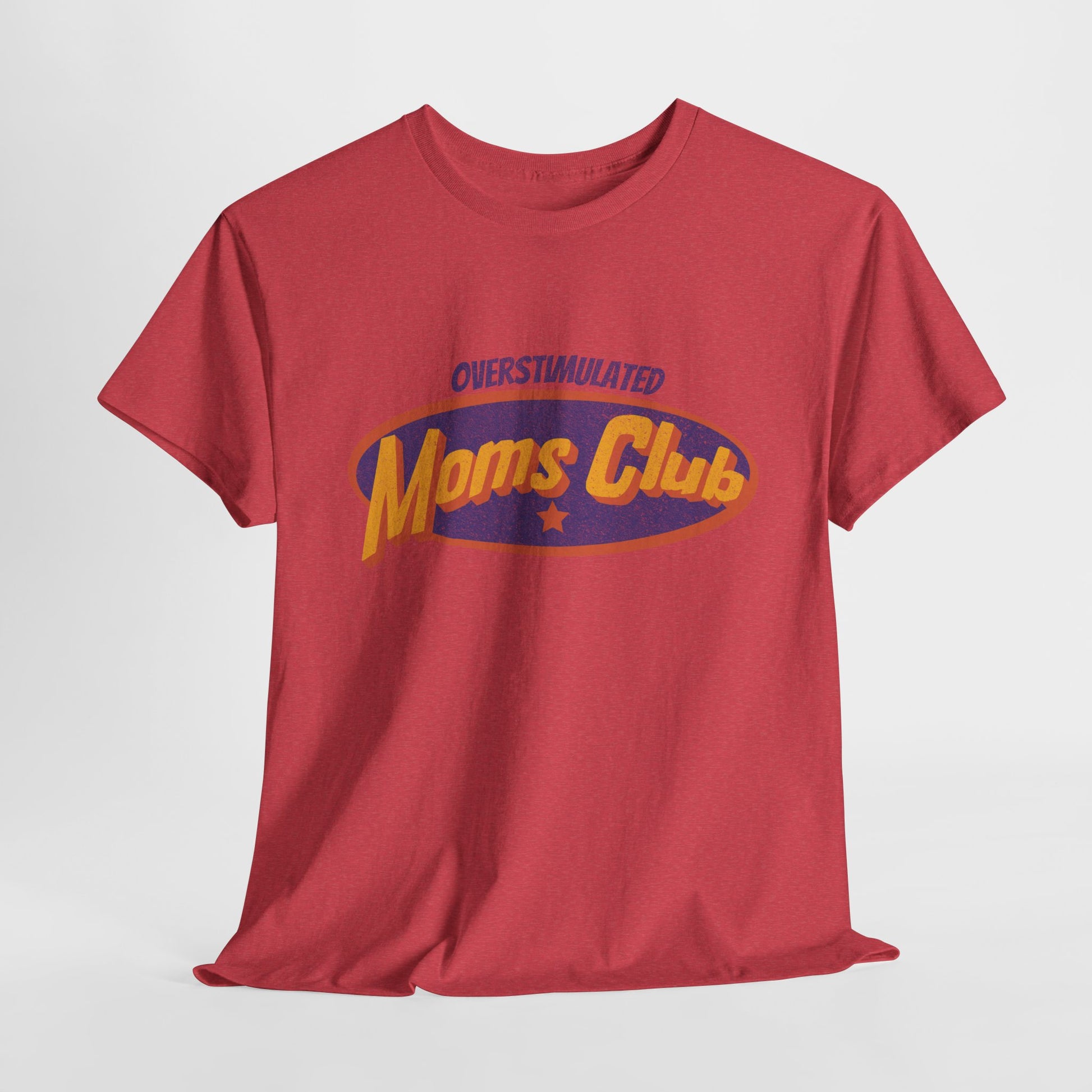 Red t-shirt with 'Overstimulated Moms Club' text on a white background