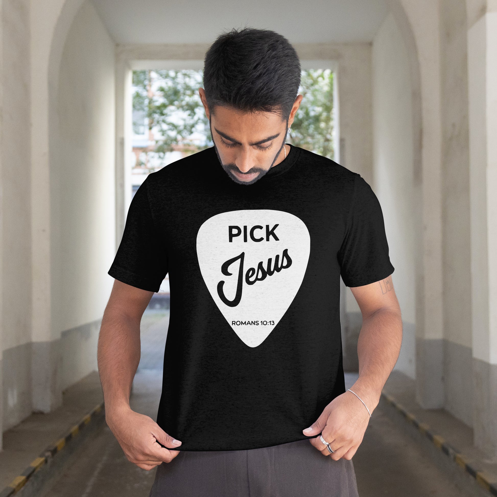 Pick Jesus T Shirt – Christian Music Tee with Romans 10:13