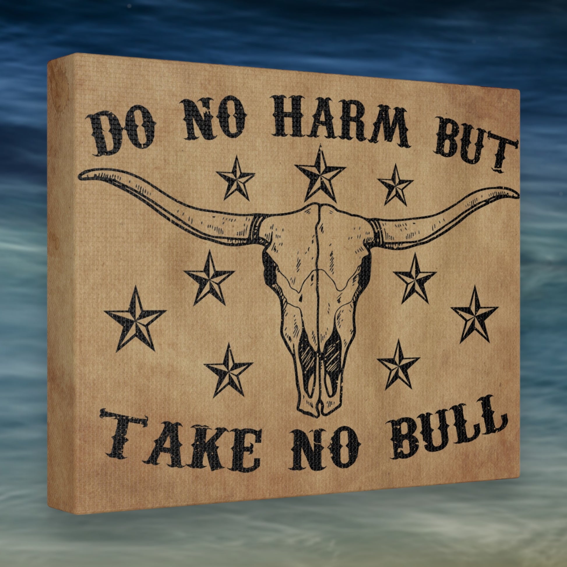 Rustic longhorn wall canvas with "Do No Harm But Take No Bull" text.