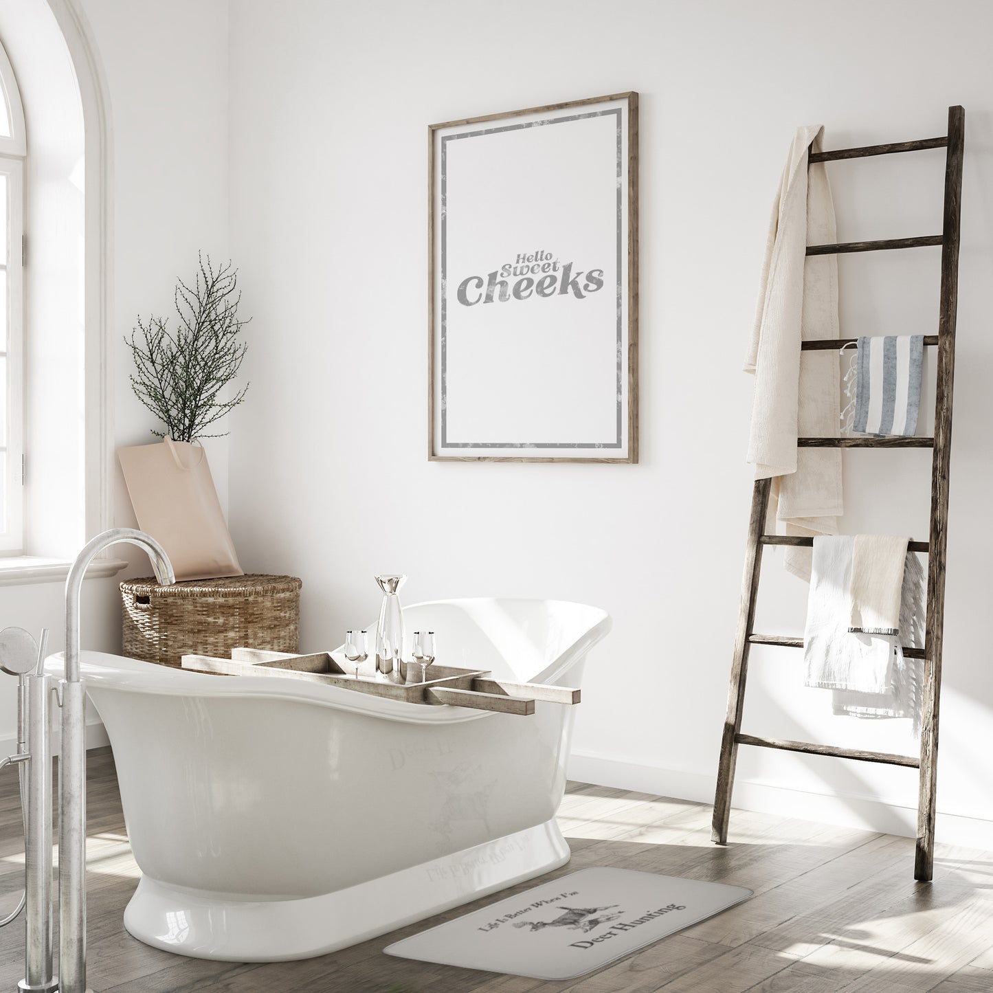 Memory foam deer hunting bath mat in a rustic-style bathroom