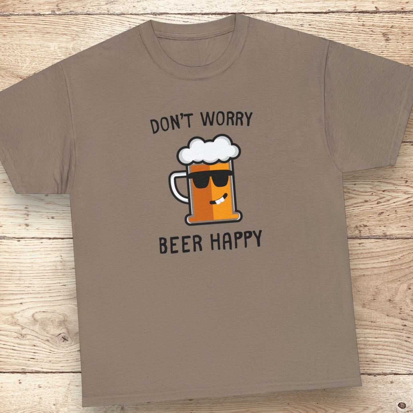 Don't Worry, Beer Happy t-shirt with smiling beer mug