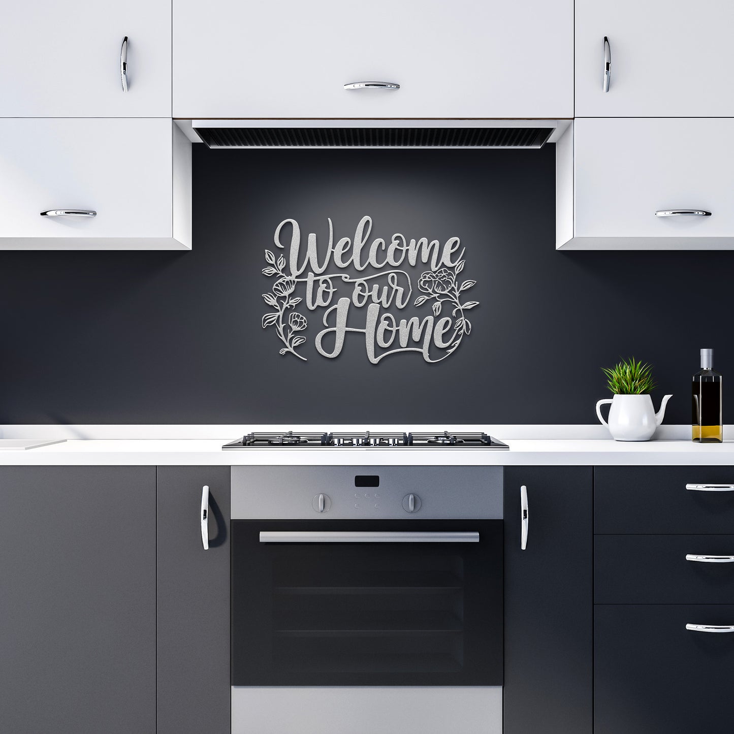 Vintage-style welcome to our home metal sign in rustic silver