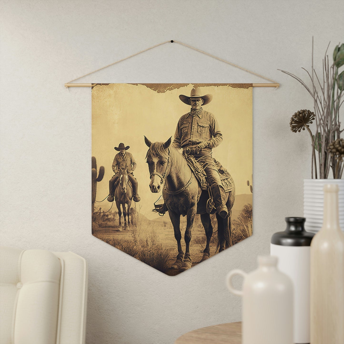 Rustic cowboy-themed wall decor with antique photo