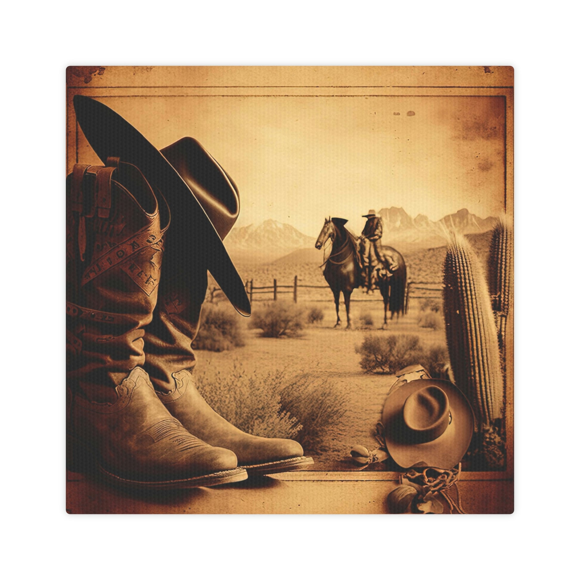 Cowboy wall art with boots and hat close-up