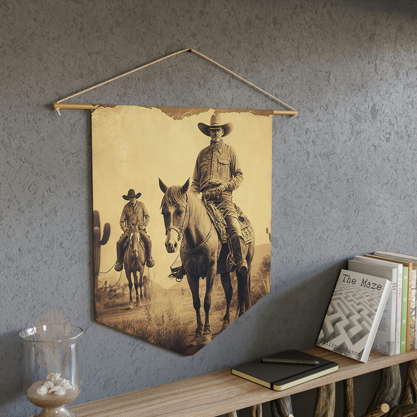 Vintage Western pennant with nostalgic cowboy scene
