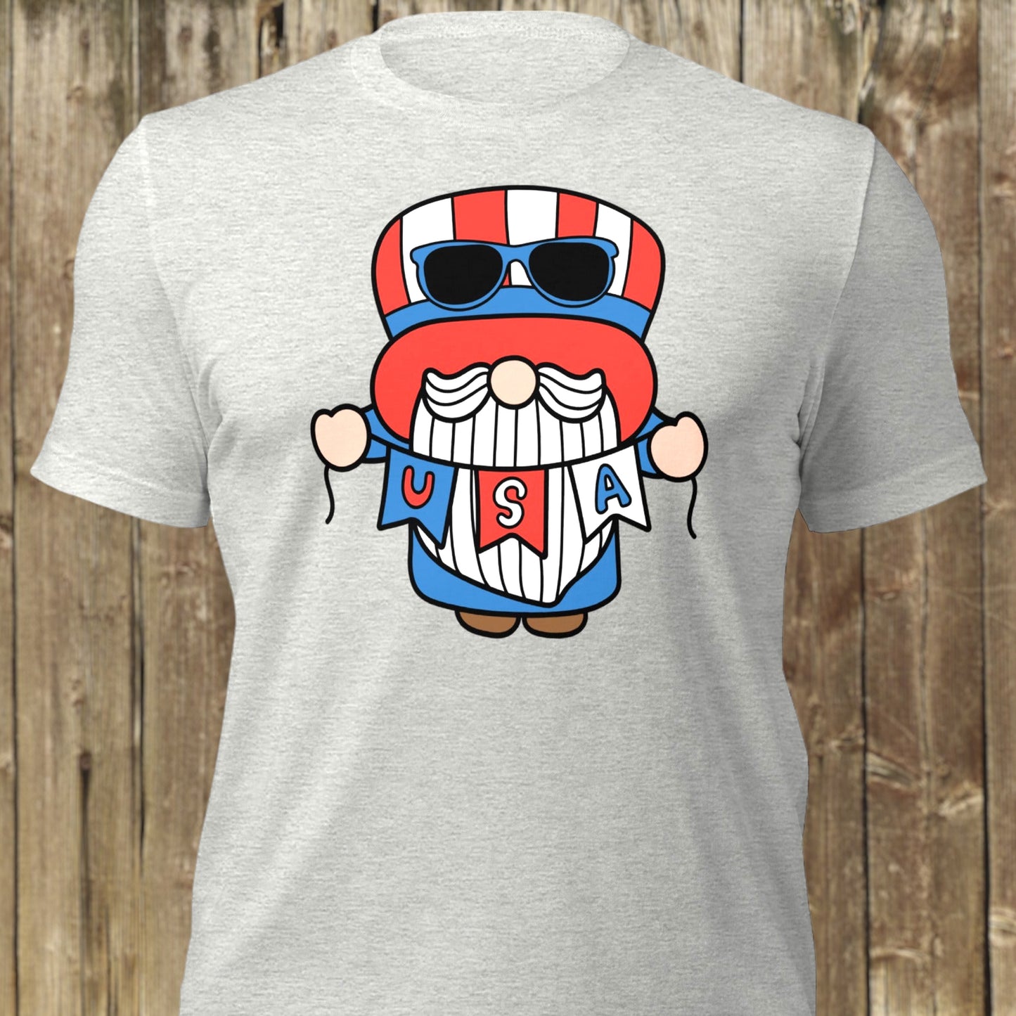 USA gnome t-shirt with red, white, and blue colors