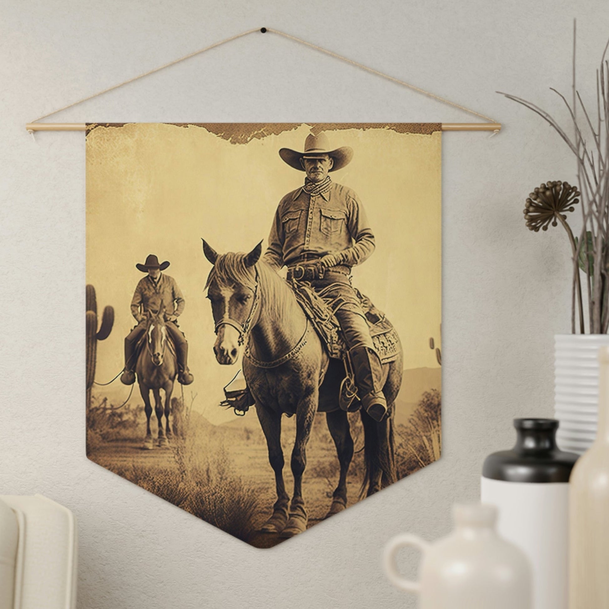 Antique cowboy wall pennant with sepia-toned photo