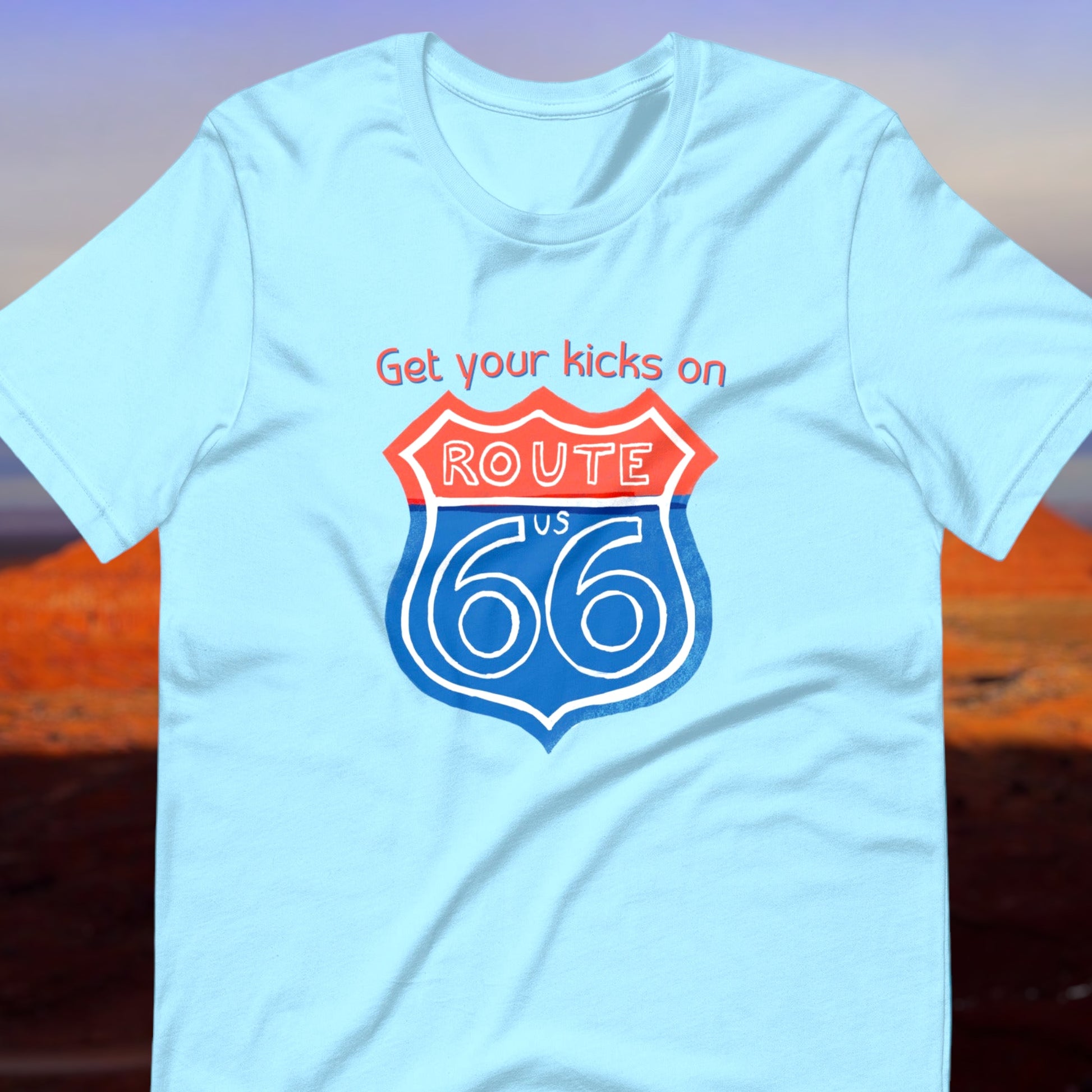 Route 66 shirt with "Get Your Kicks on Route 66" and sign graphic