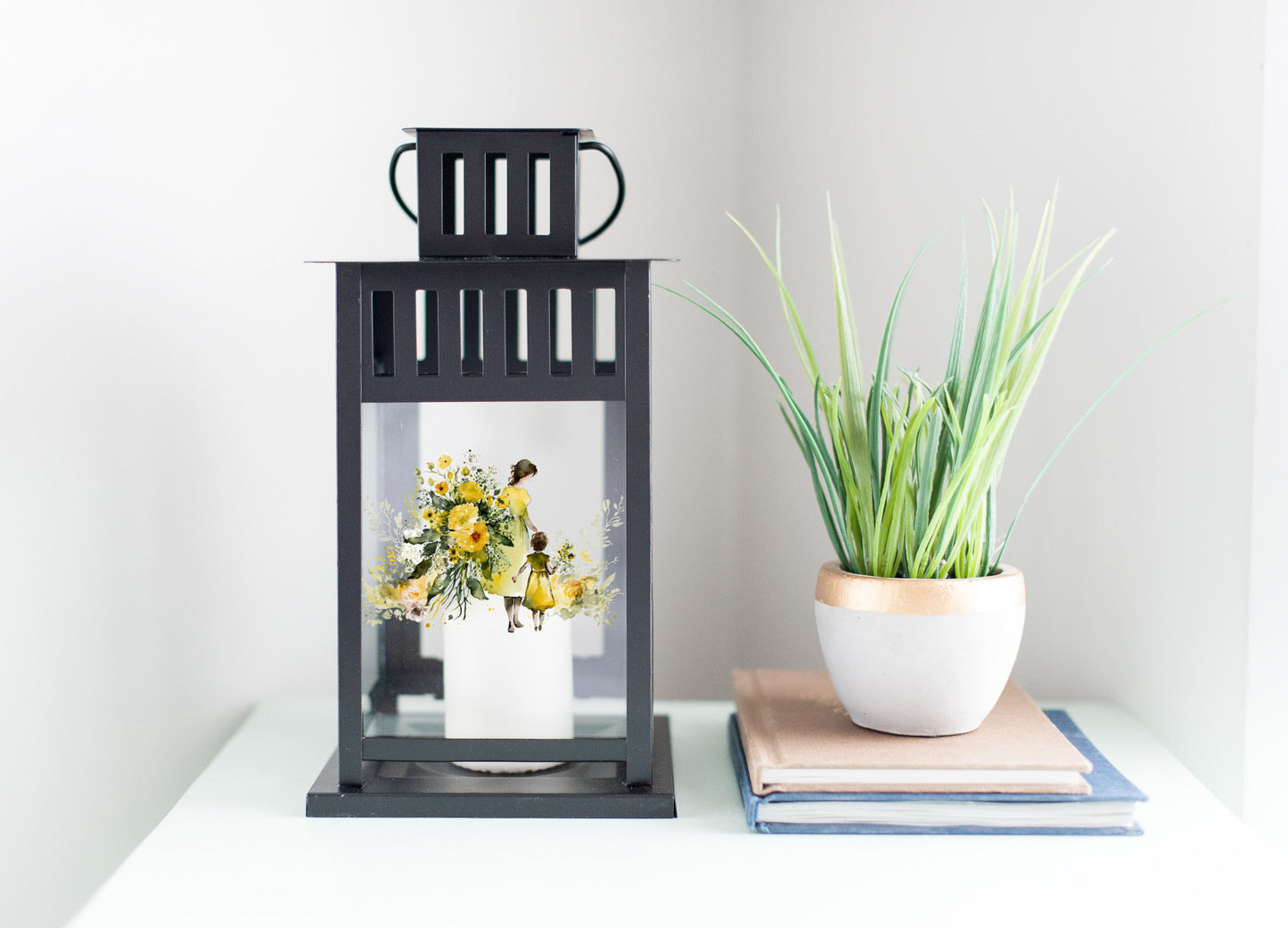 Metal and glass lantern with mom and child floral scene