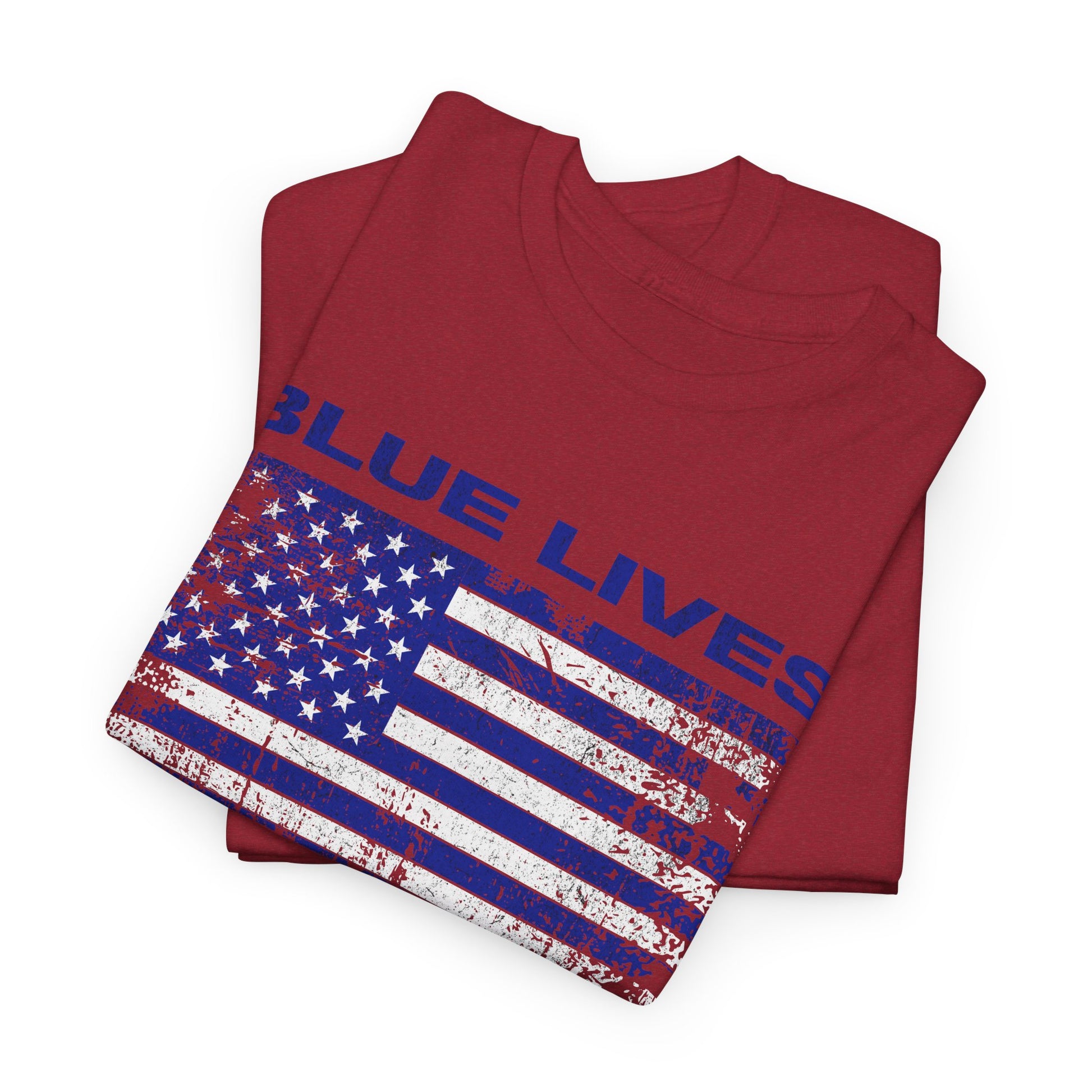 Patriotic Blue Lives Matter apparel featuring bold text and flag
