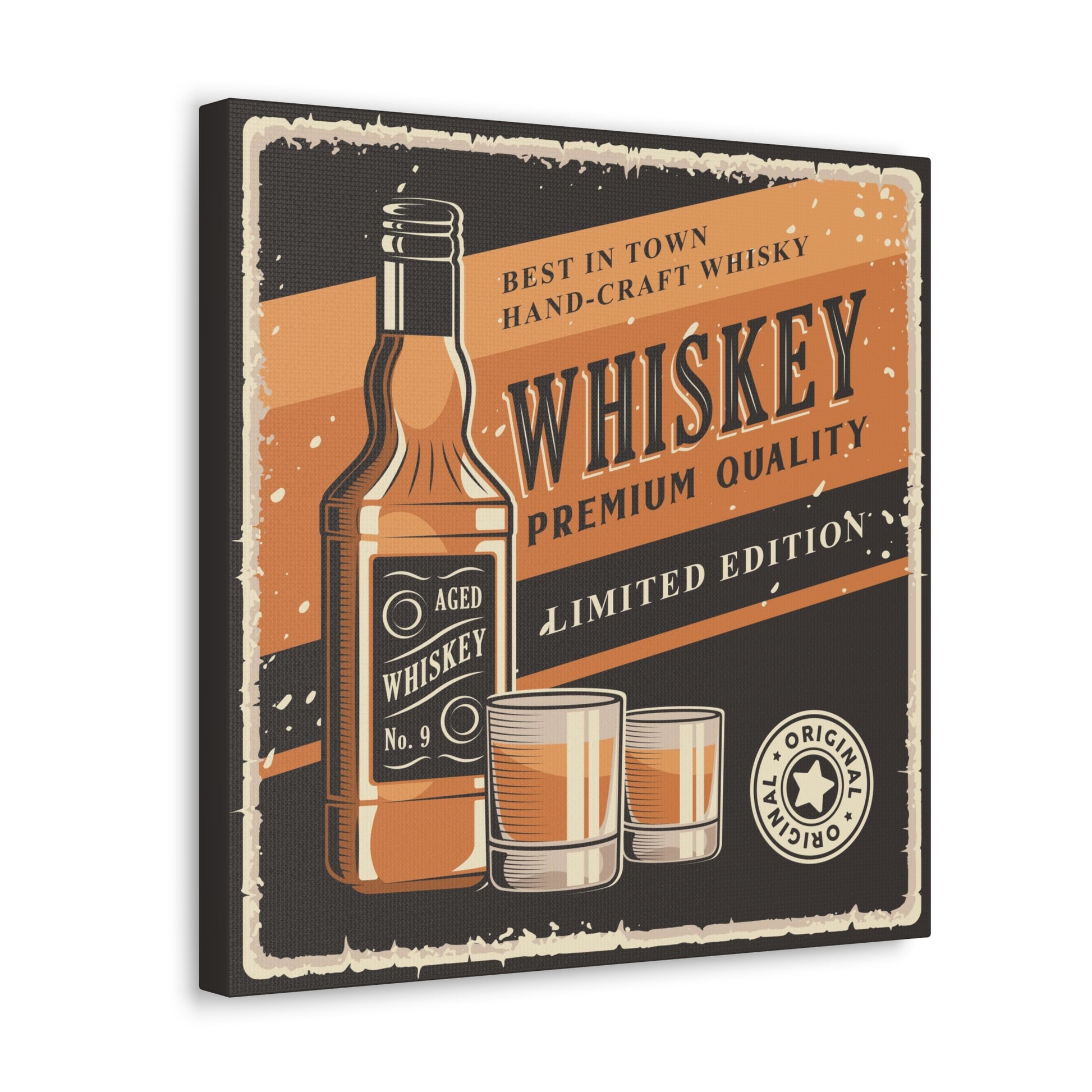 Home bar canvas print with vintage whiskey bottle aesthetic
